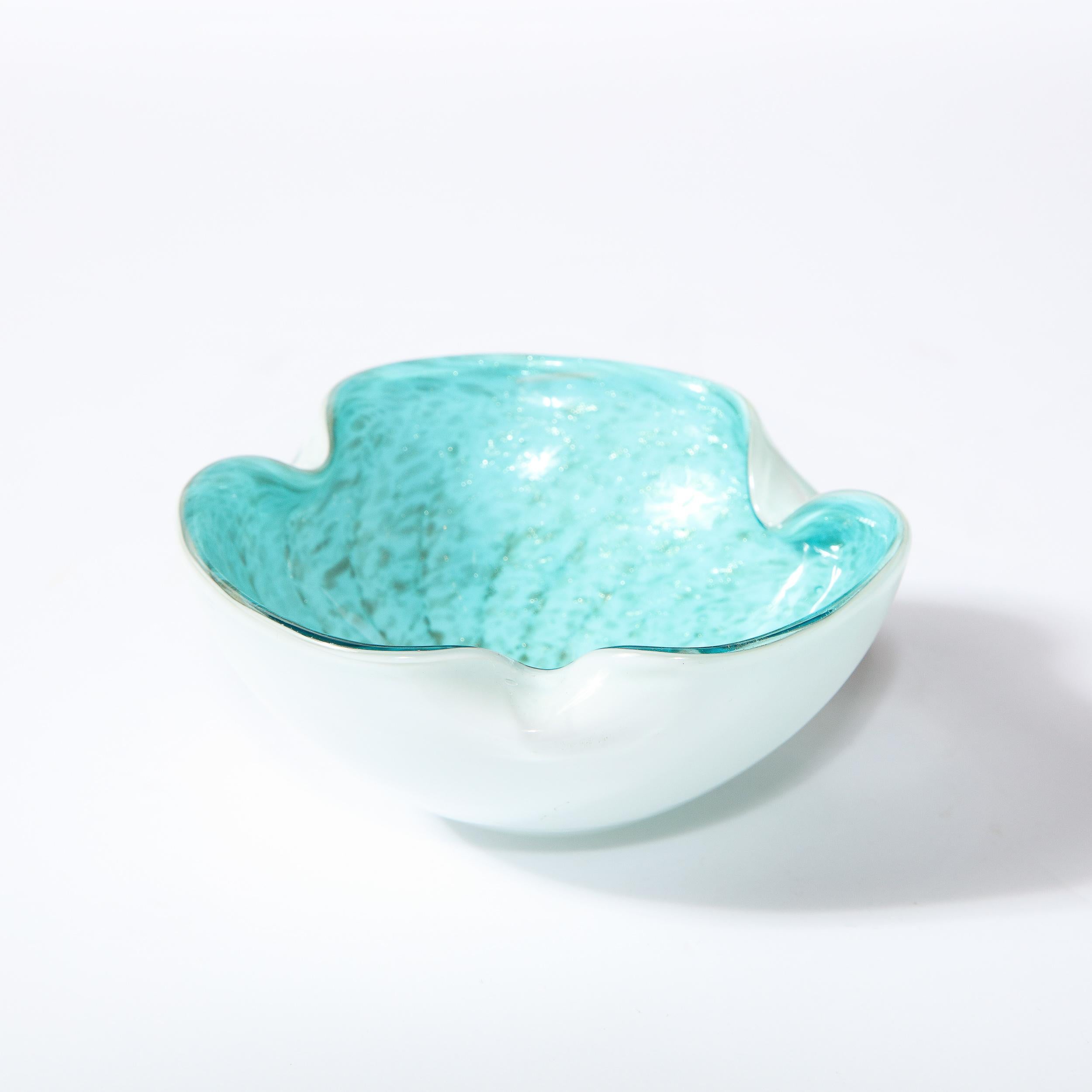 Mid-Century Modern Handblown Murano Sky Blue & White Murano Bowl w/ Gold Flecks 2