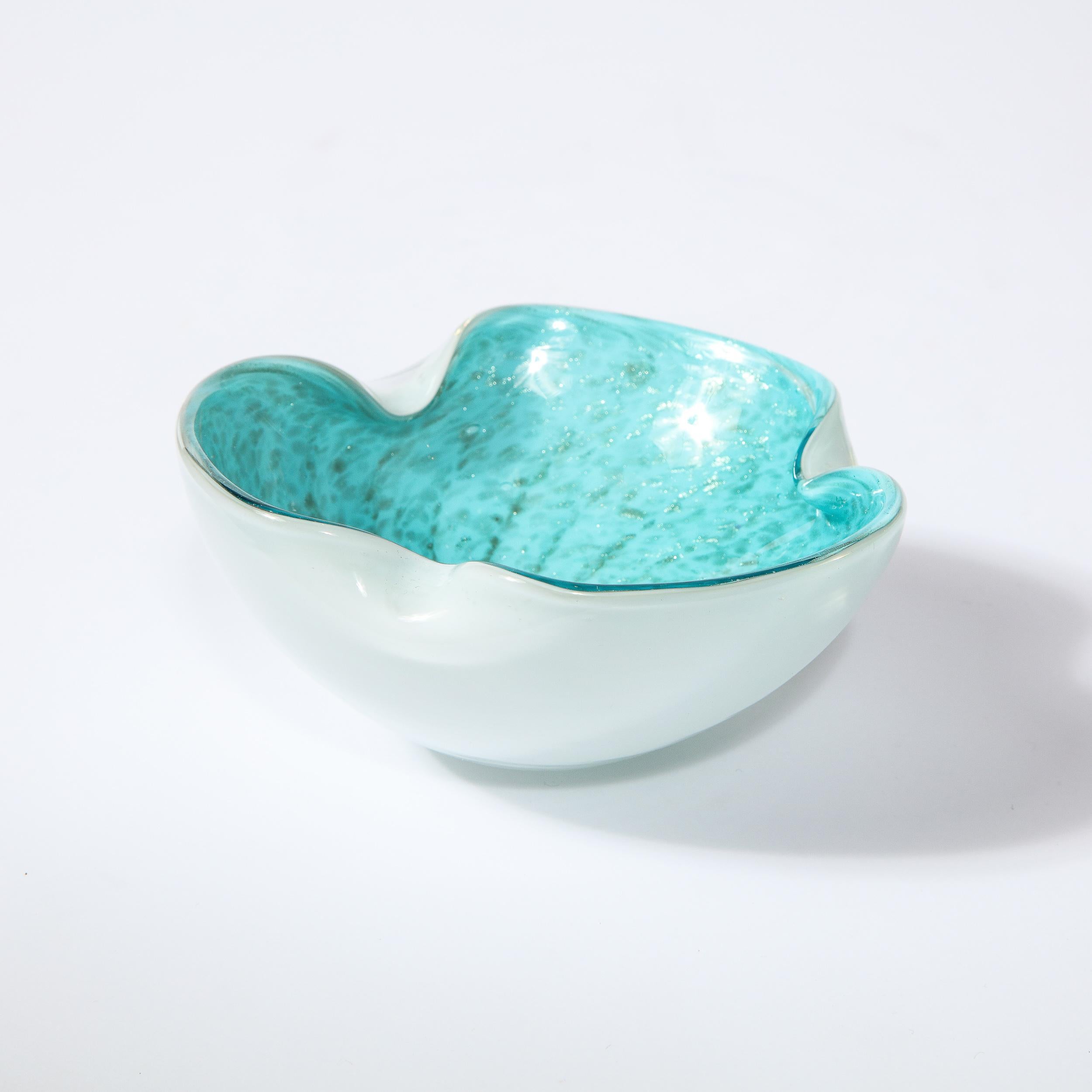 Mid-Century Modern Handblown Murano Sky Blue & White Murano Bowl w/ Gold Flecks 3