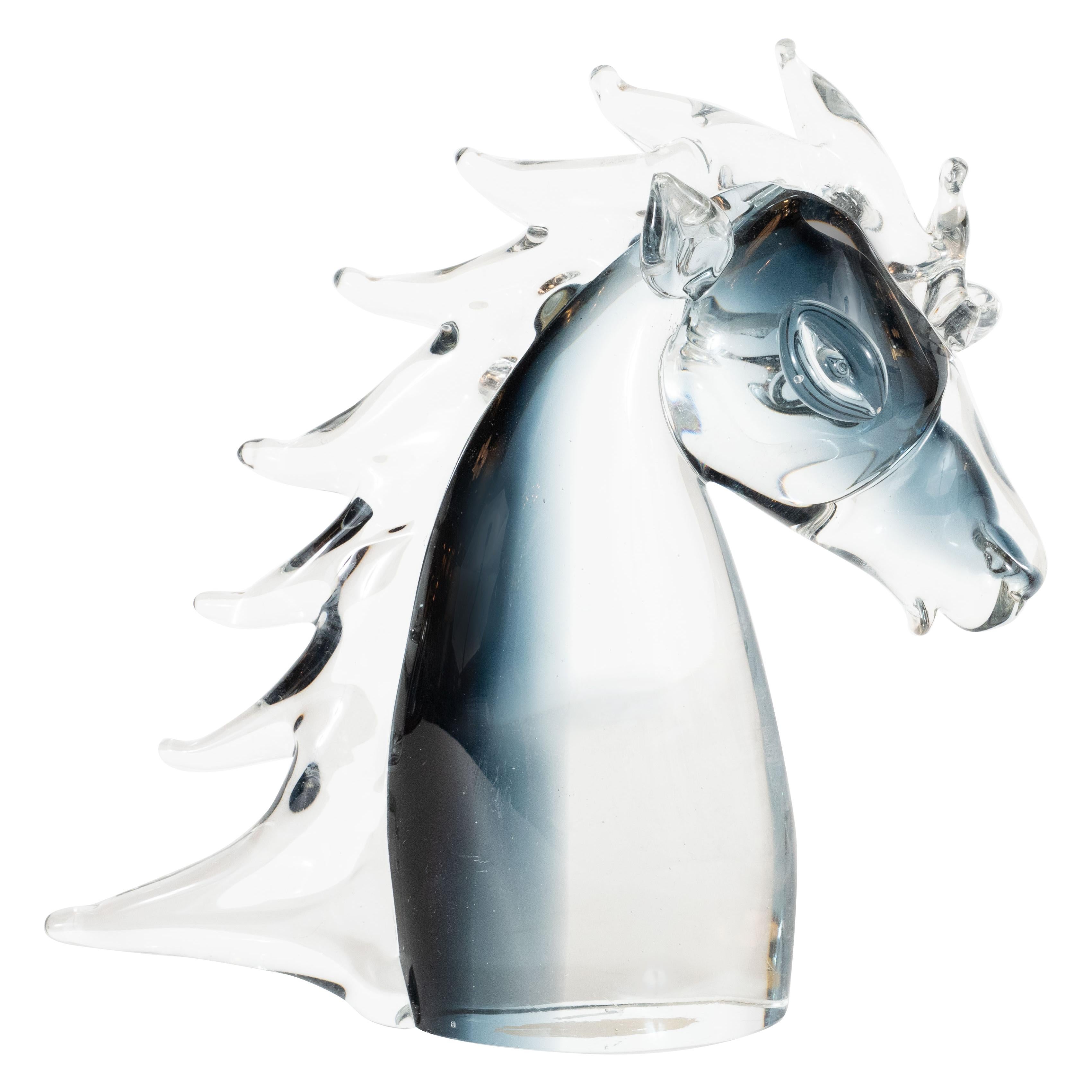 Italian Mid-Century Modern Hand Blown Murano Smoked Translucent Glass Stallion's Head
