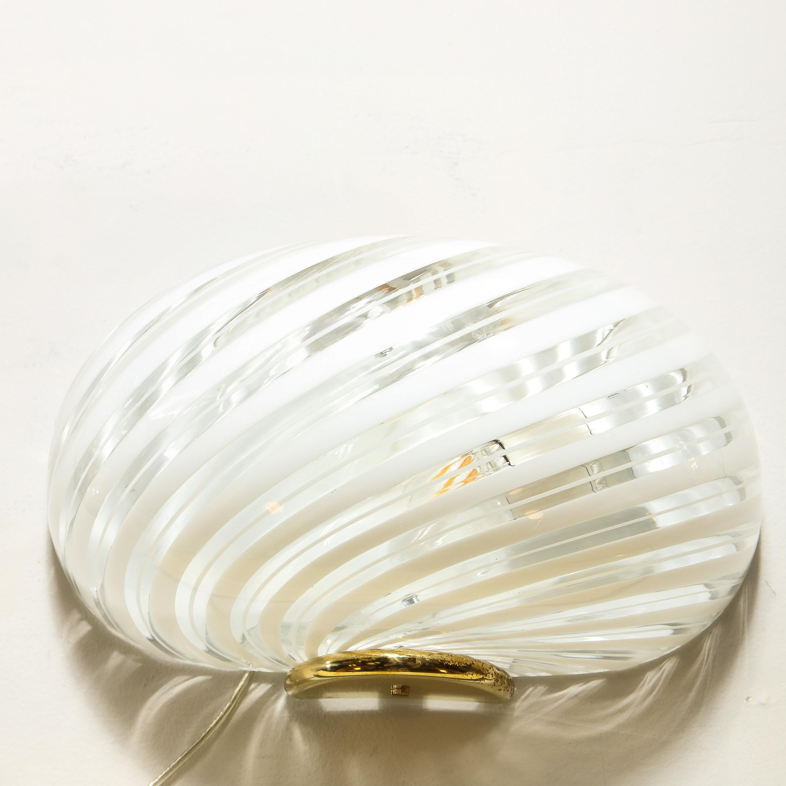 Brass Mid-Century Modern Handblown Murano Translucent & White Striated Sconce For Sale