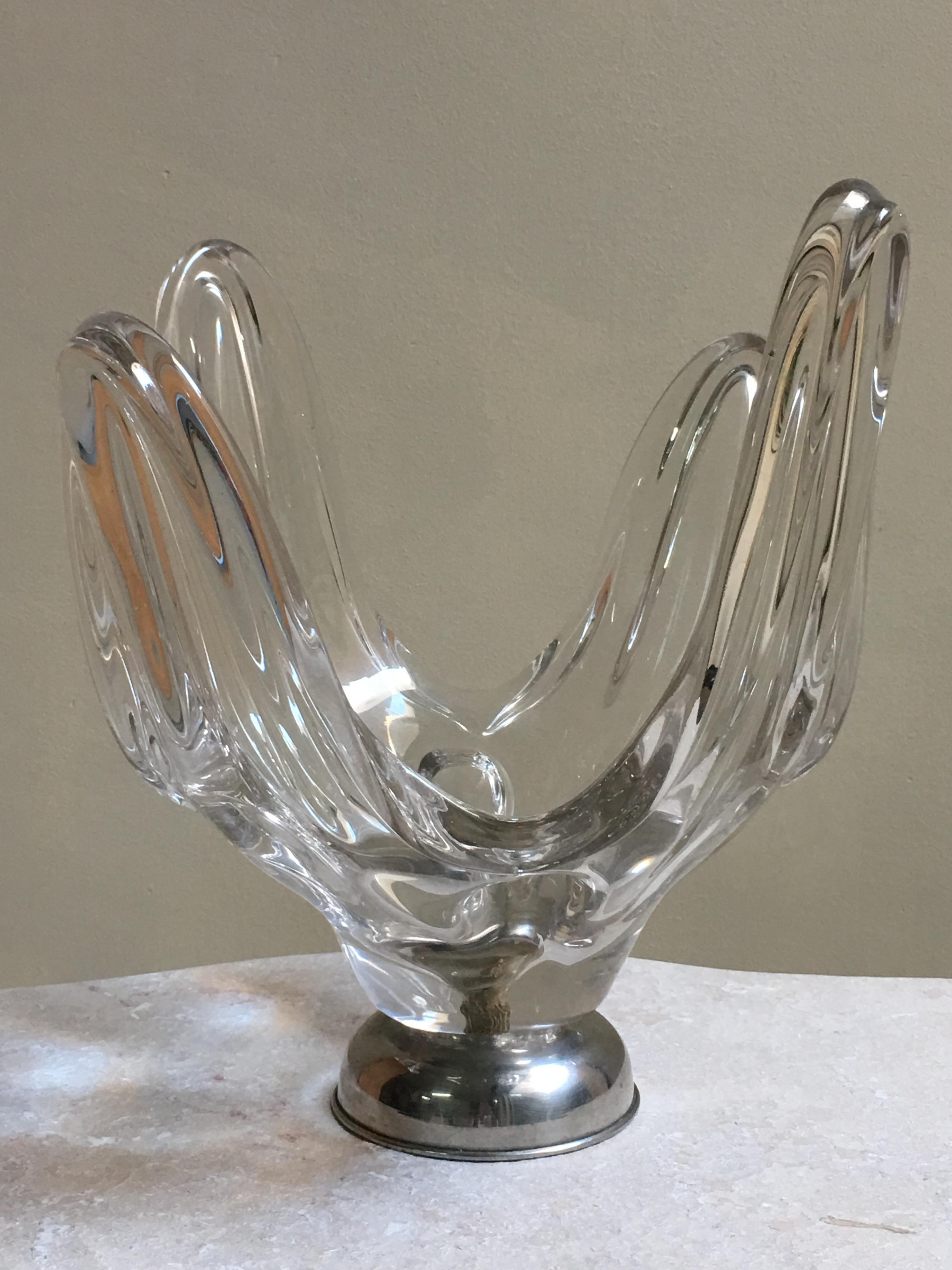 Mid-Century Modern handblown sculptural translucent four flecks bowl with silver base.
   