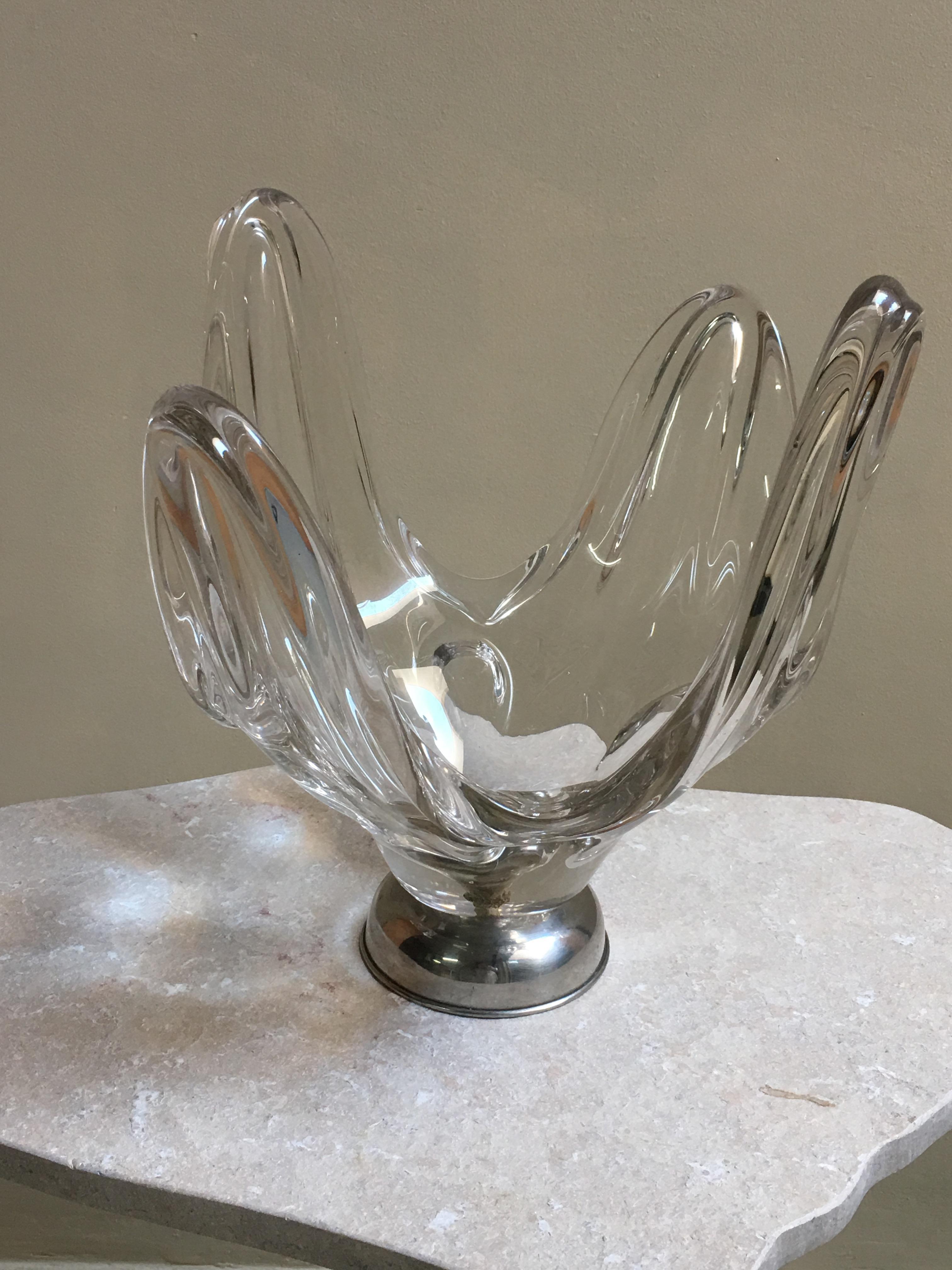 Italian Mid-Century Modern Handblown or Cup Sculptural Translucent Bowl with Silver Base For Sale