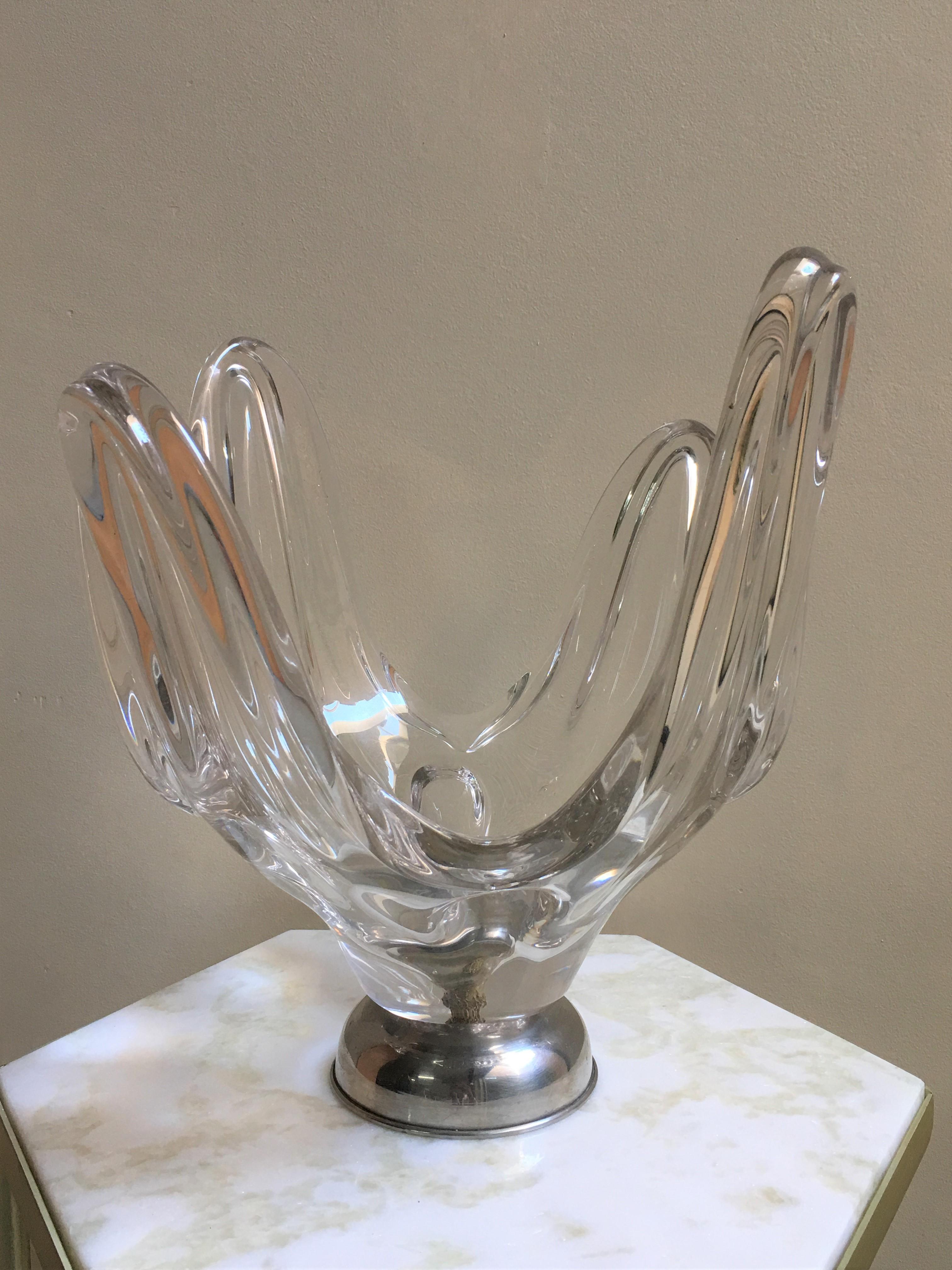 Mid-Century Modern Handblown or Cup Sculptural Translucent Bowl with Silver Base In Excellent Condition For Sale In Miami, FL
