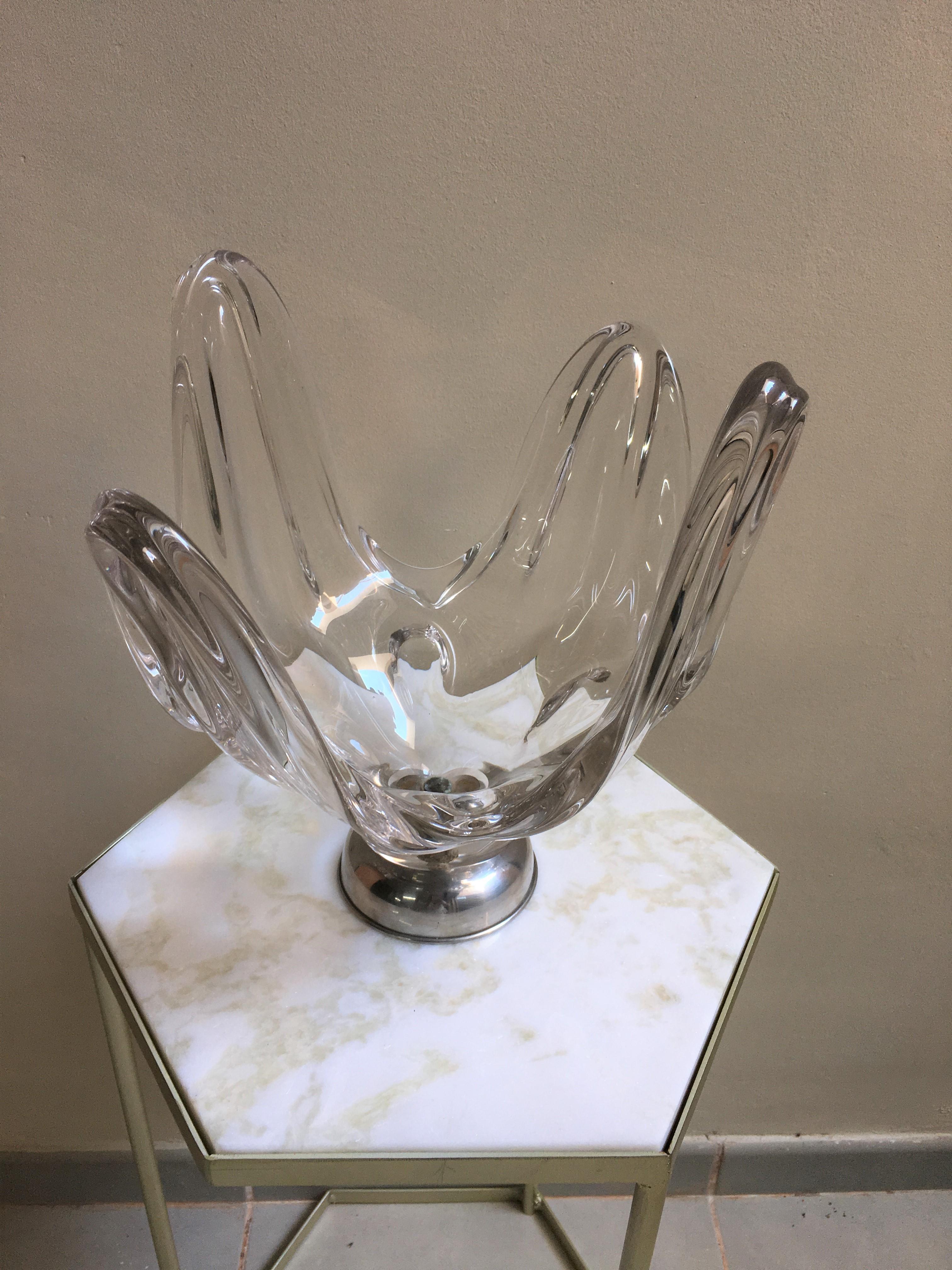 20th Century Mid-Century Modern Handblown or Cup Sculptural Translucent Bowl with Silver Base For Sale