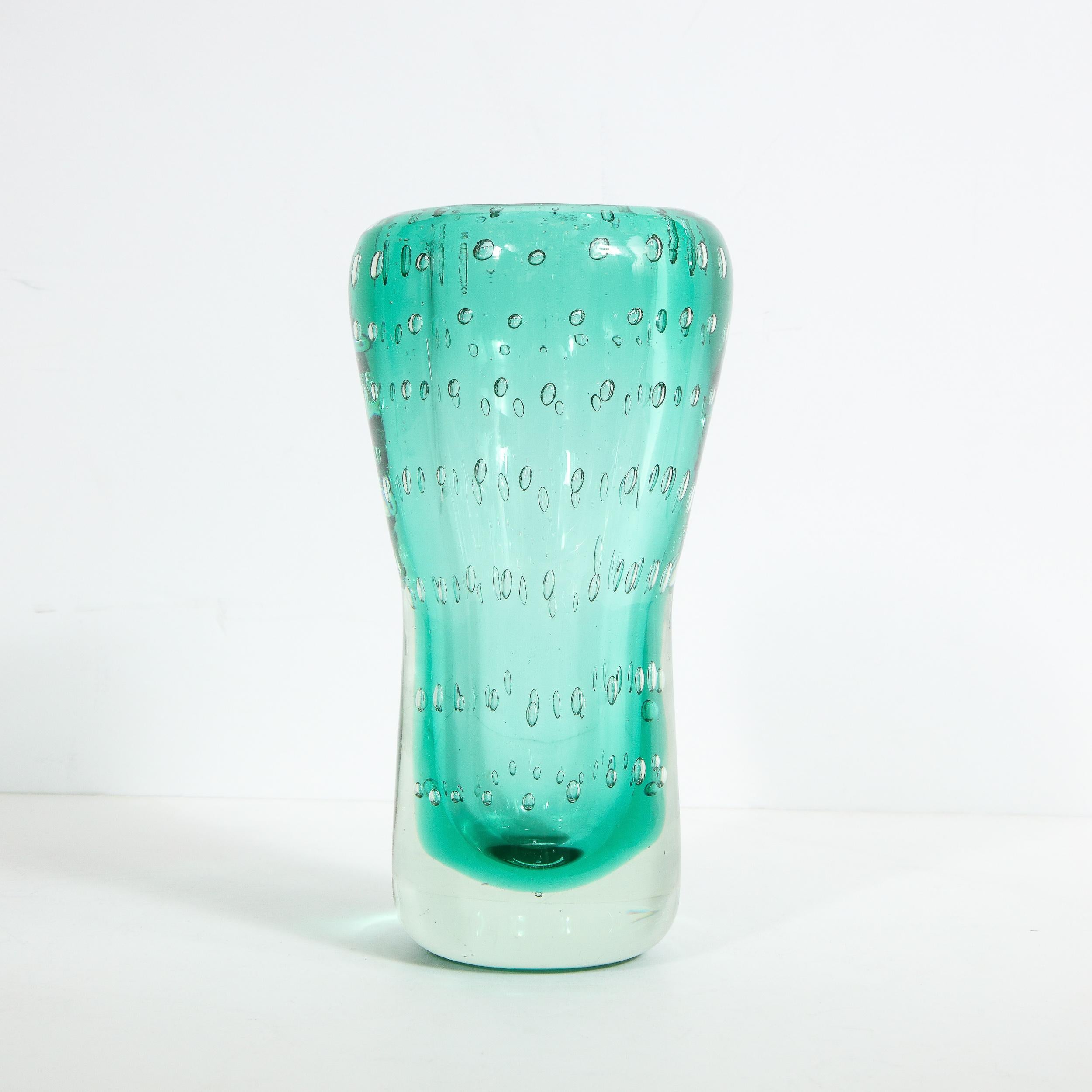 Murano Glass Mid-Century Modern Handblown Translucent Murano Sea Foam Vase with Clear Murines For Sale