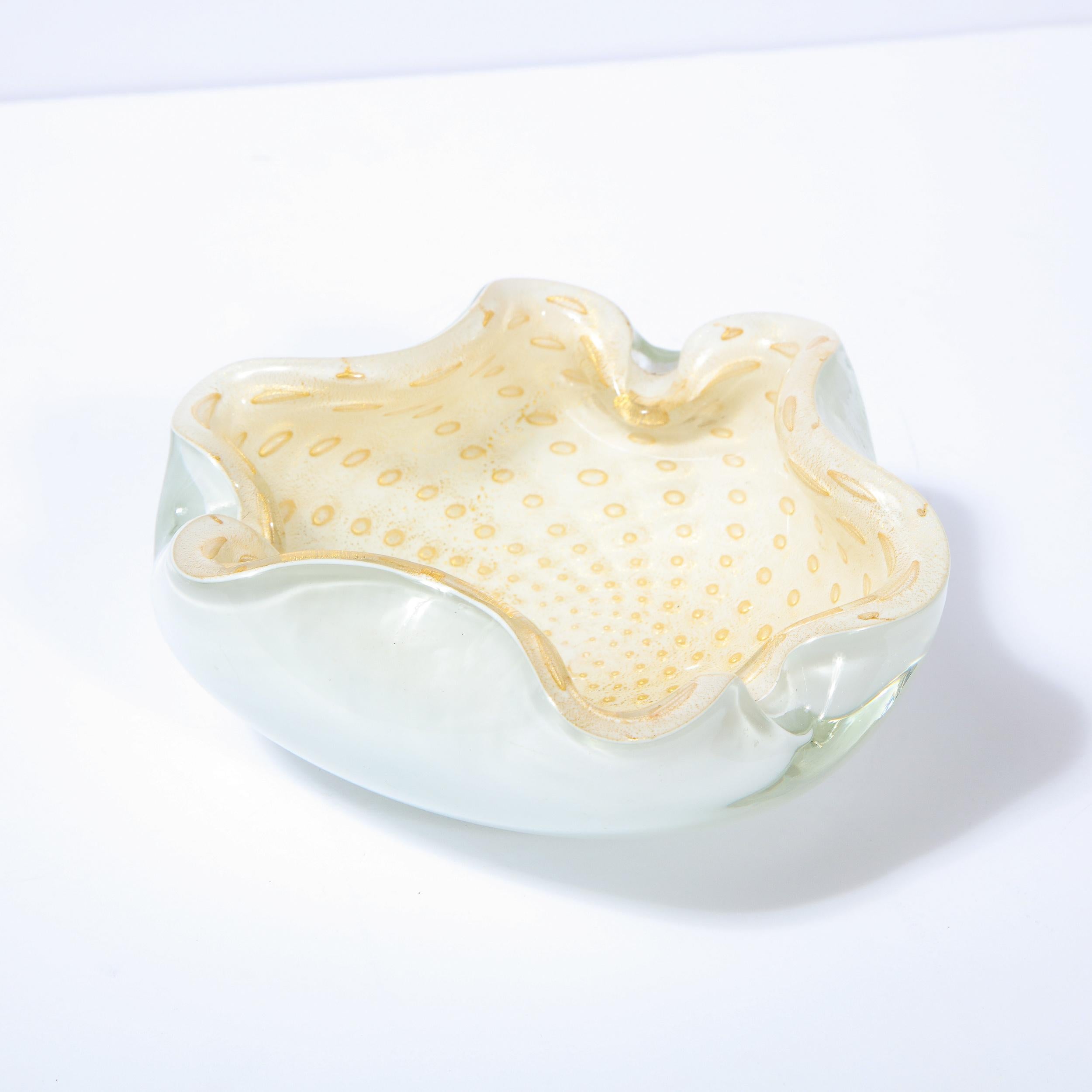 Murano Glass Mid-Century Modern Handblown White & Pearlescent Scalloped Murano Bowl