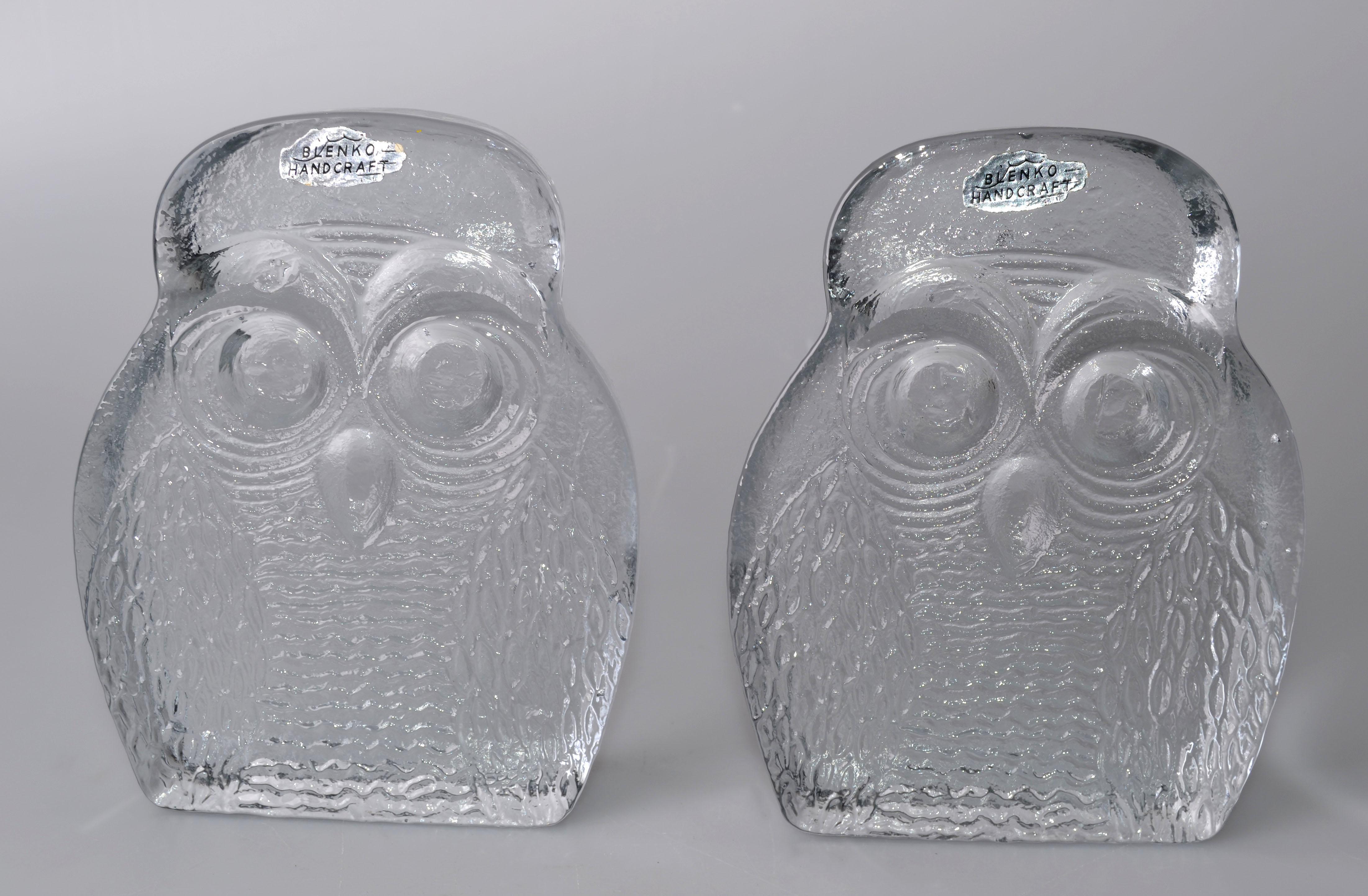 Mid-Century Modern handcrafted Blenko thick glass owl bookends.
Original label on back of each.