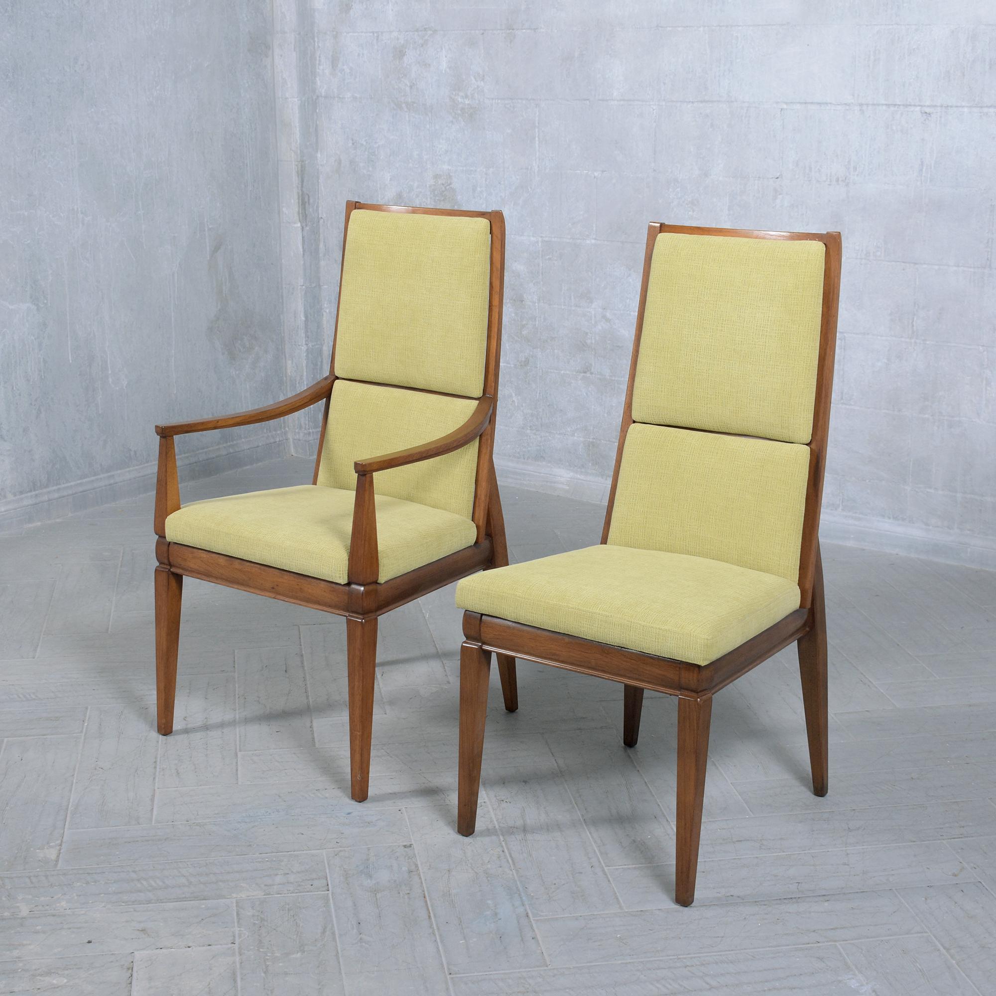 1960s Vintage Modern Dining Chair Set in Walnut with Green Chenille Fabric In Good Condition In Los Angeles, CA
