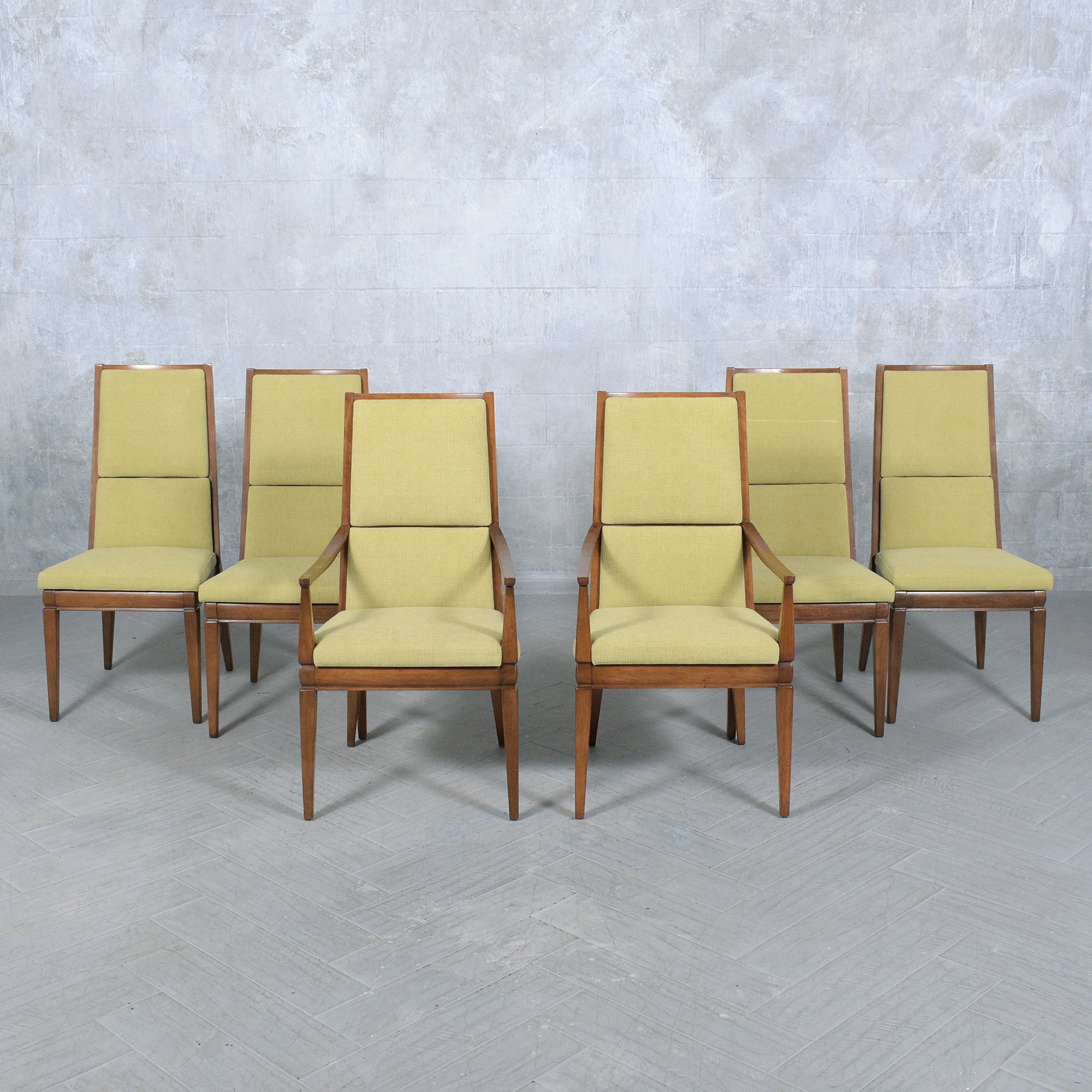 Mid-Century Modern 1960s Vintage Modern Dining Chair Set in Walnut with Green Chenille Fabric
