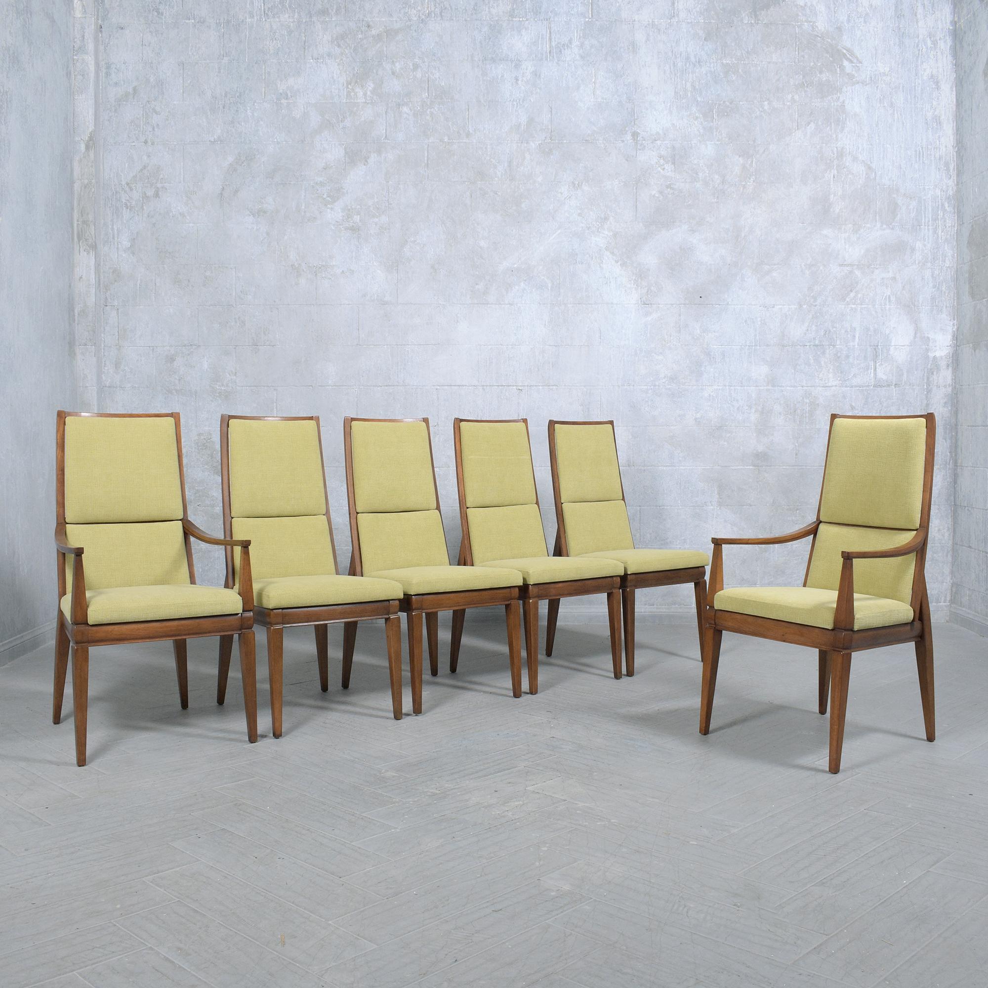 Journey back to the stylish 1960s with our beautifully restored collection of vintage modern dining chairs, a perfect homage to the celebrated craftsmanship and design of the era. This exquisite set features six mid-century marvels, including two