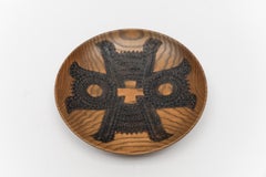 Mid-Century Modern handmade artist's wooden plate with copper signature, 1960s