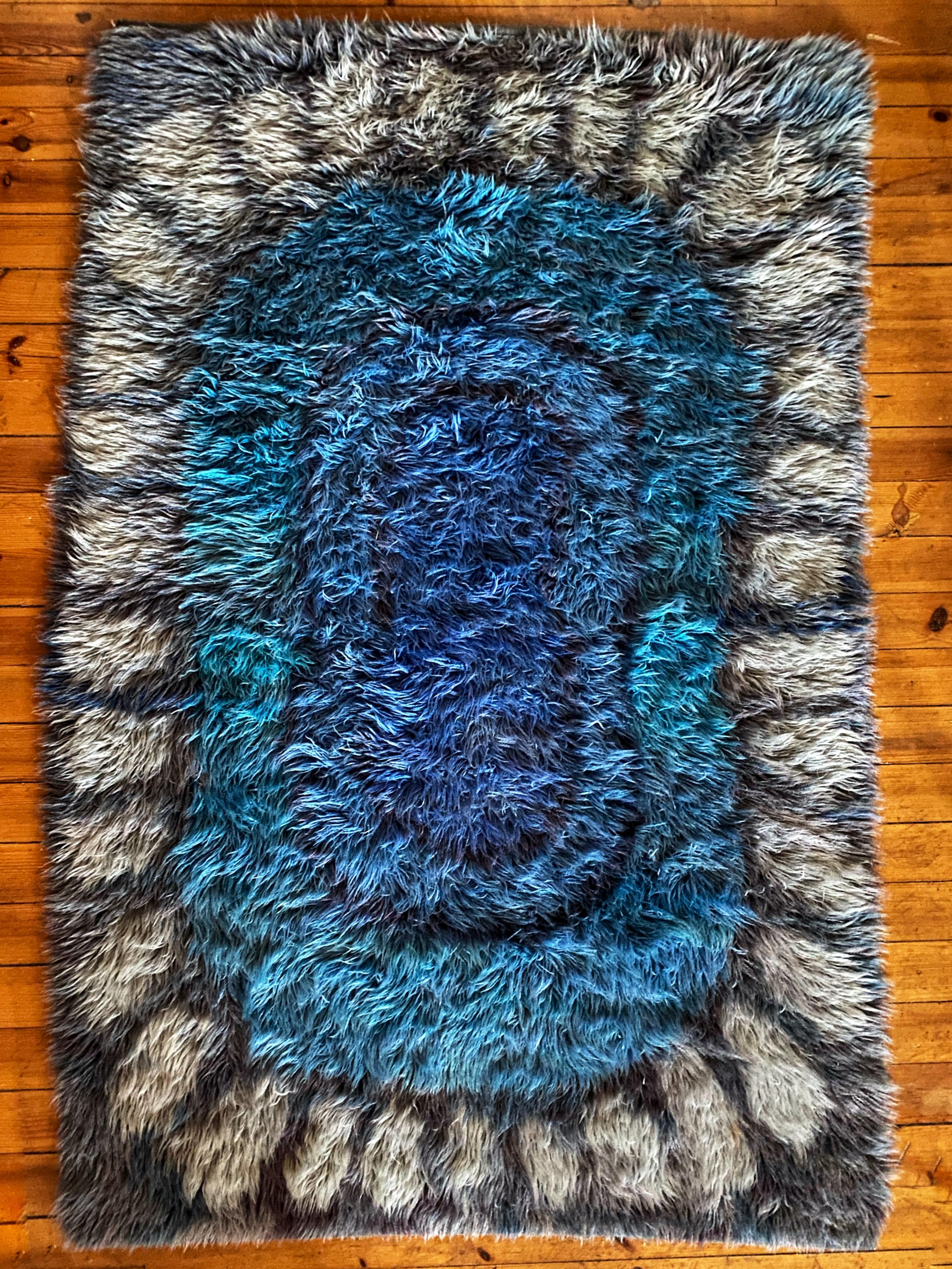 Mid-century Modern Handmade Blue High Pile Rya Rug, Sweden, 1960s For Sale 11