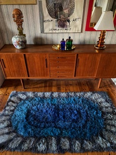 Mid-century Modern Handmade Blue High Pile Rya Rug, Sweden, 1960s
