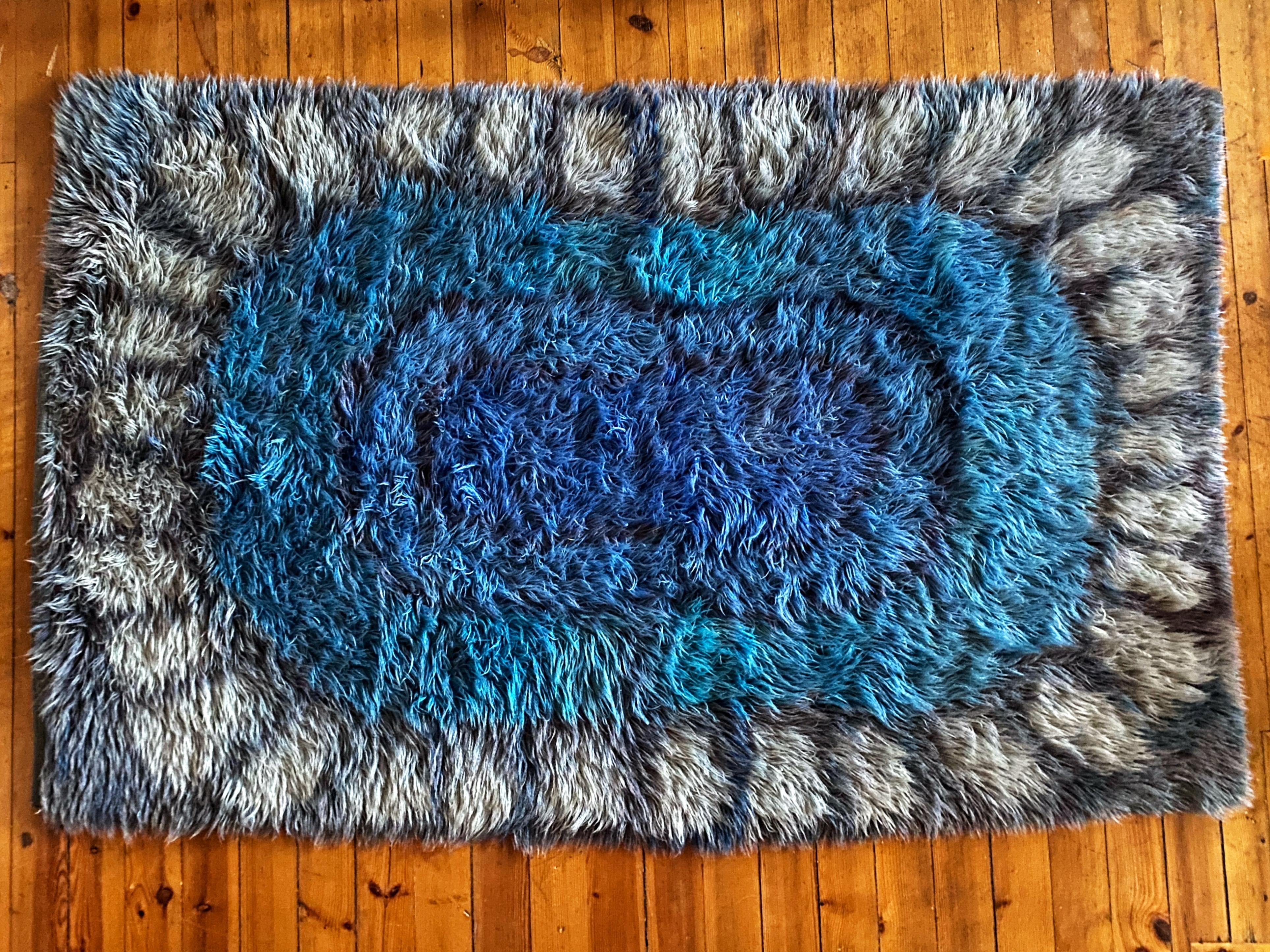 Scandinavian Modern Mid-century Modern Handmade Blue High Pile Rya Rug, Sweden, 1960s For Sale