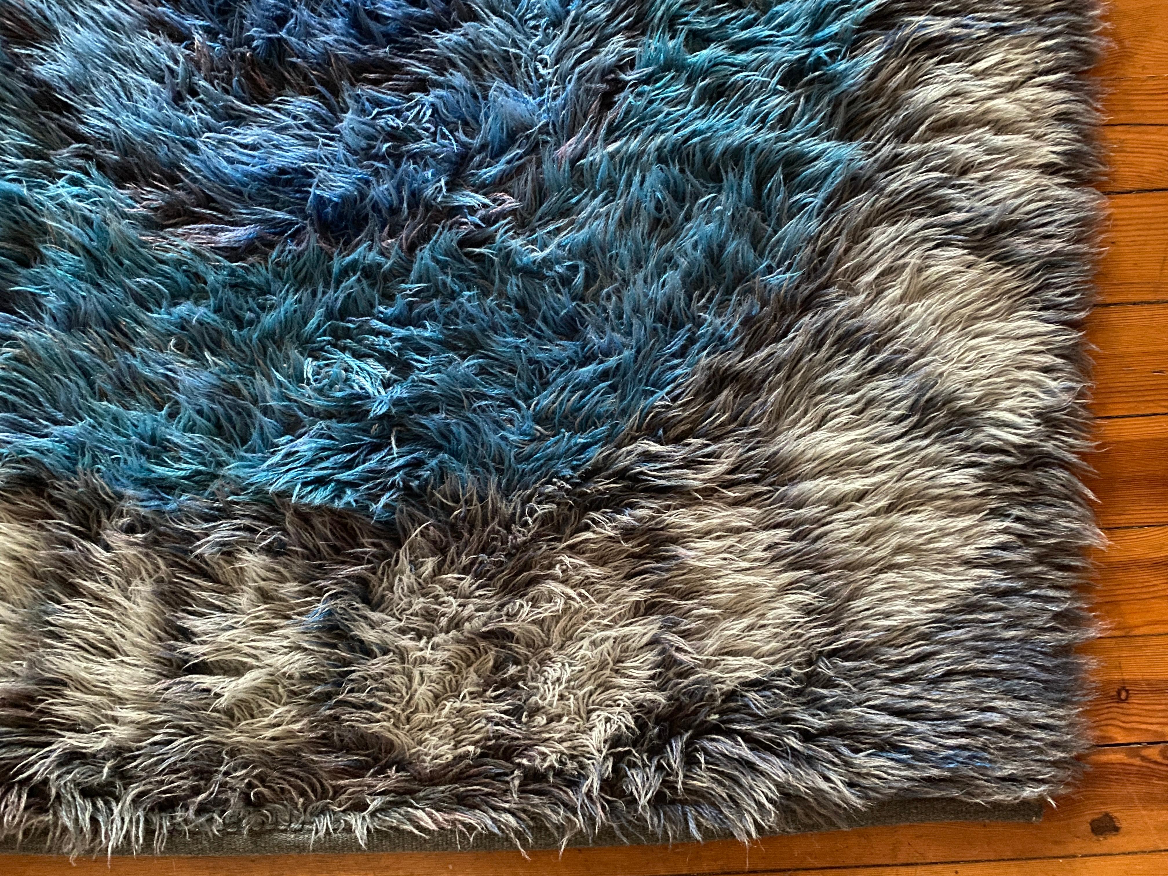 Swedish Mid-century Modern Handmade Blue High Pile Rya Rug, Sweden, 1960s For Sale