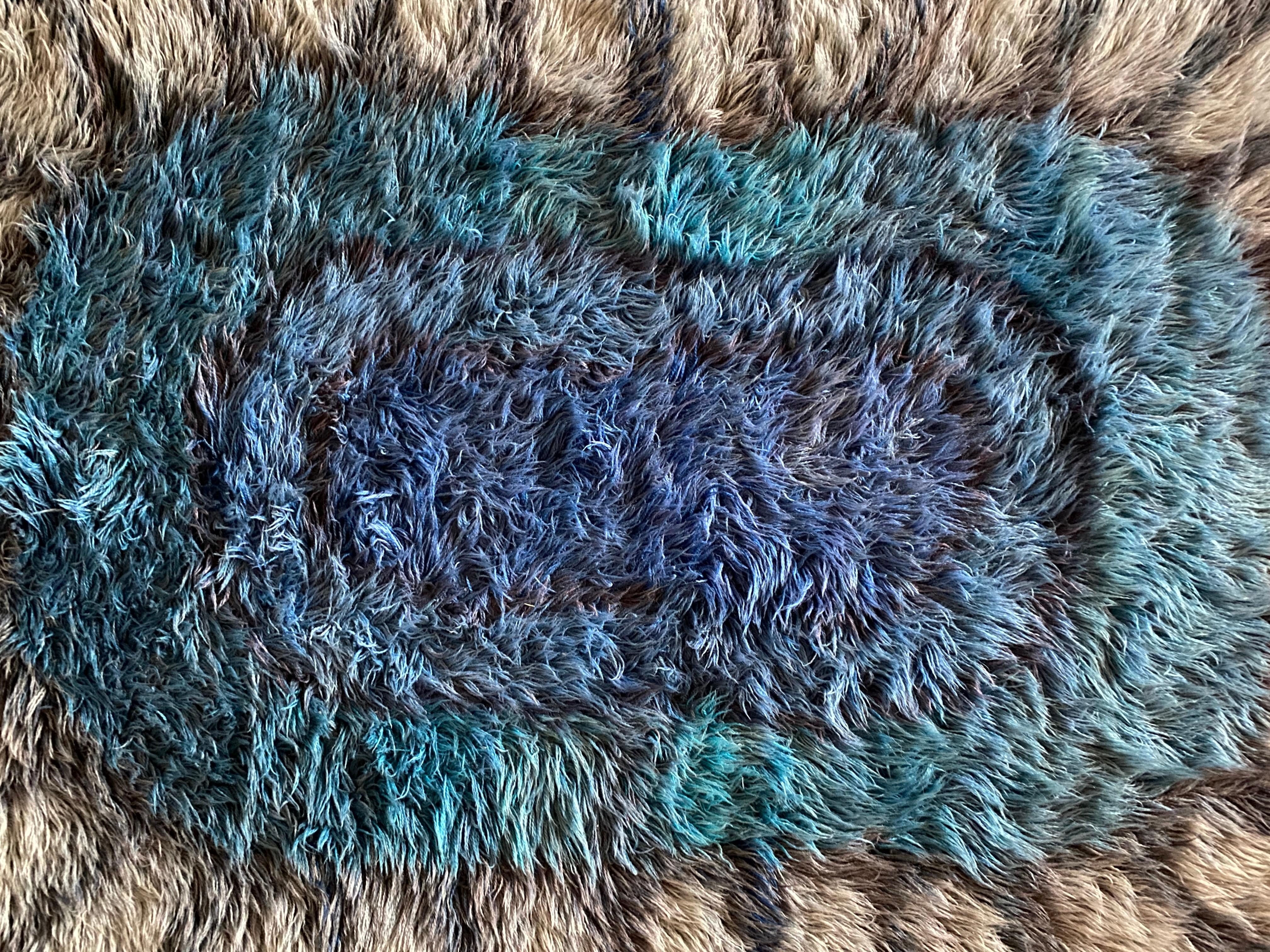 Hand-Knotted Mid-century Modern Handmade Blue High Pile Rya Rug, Sweden, 1960s For Sale