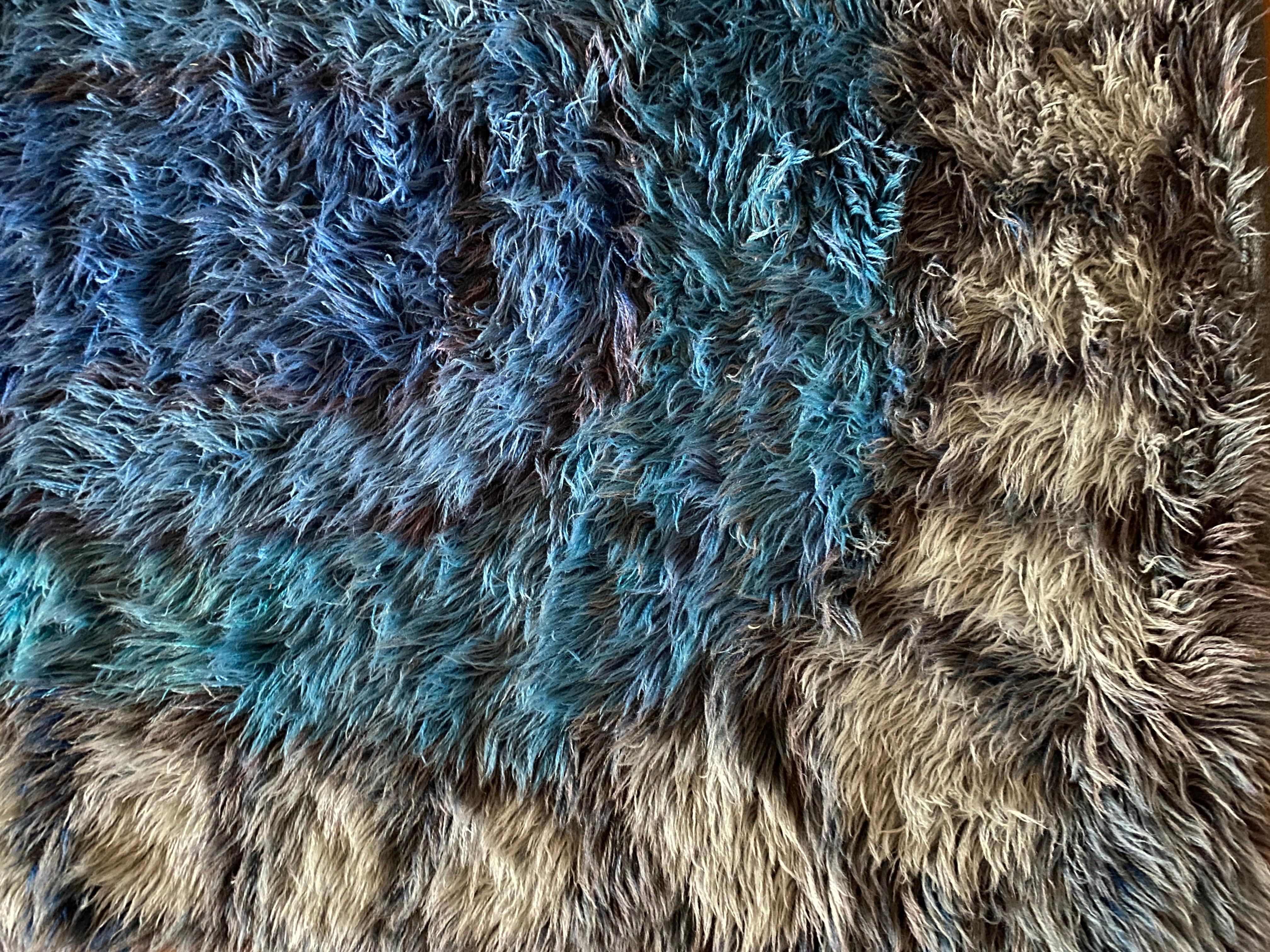 Wool Mid-century Modern Handmade Blue High Pile Rya Rug, Sweden, 1960s For Sale