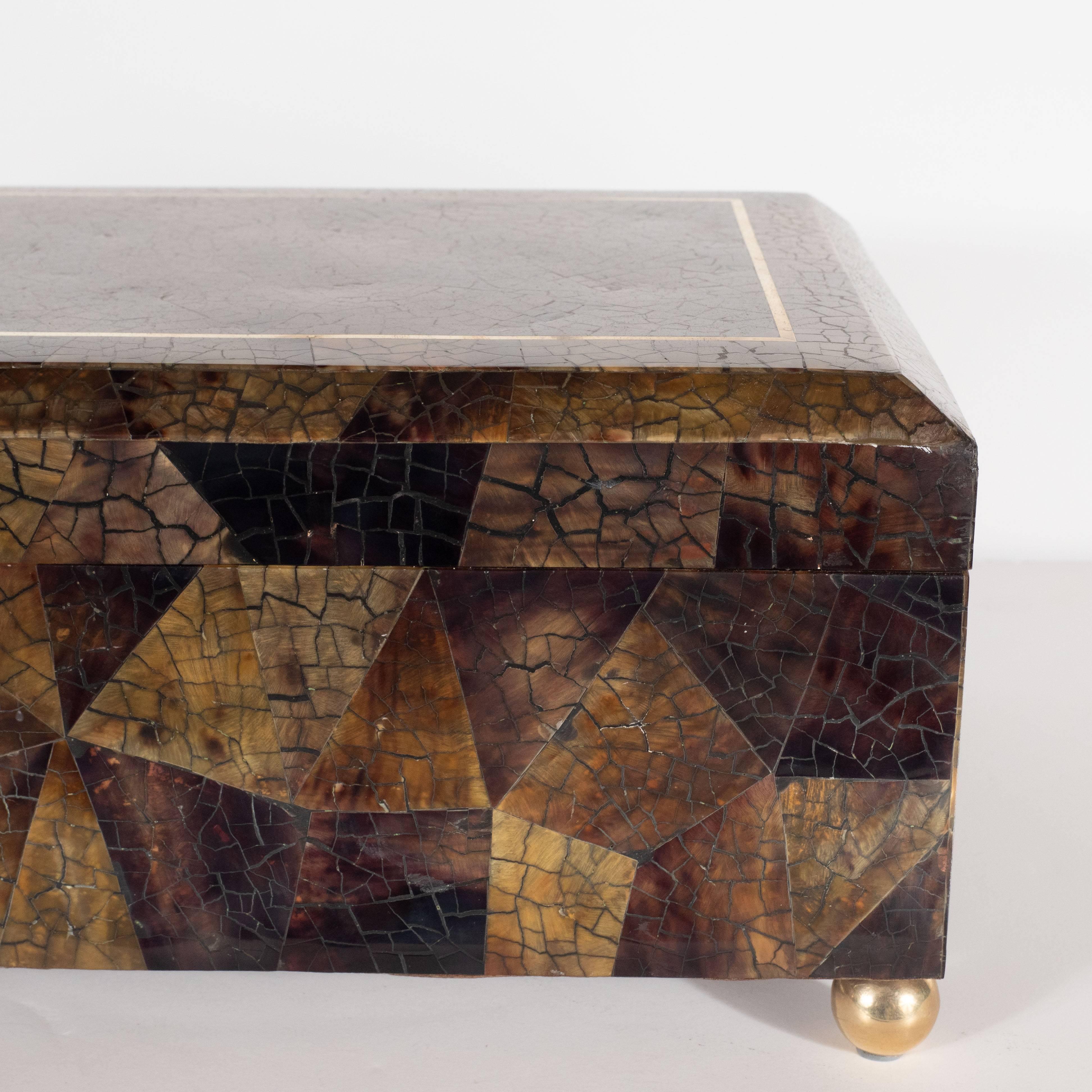 Philippine Mid-Century Modern Handmade Brass and Tessellated Shell Box with Walnut Interior