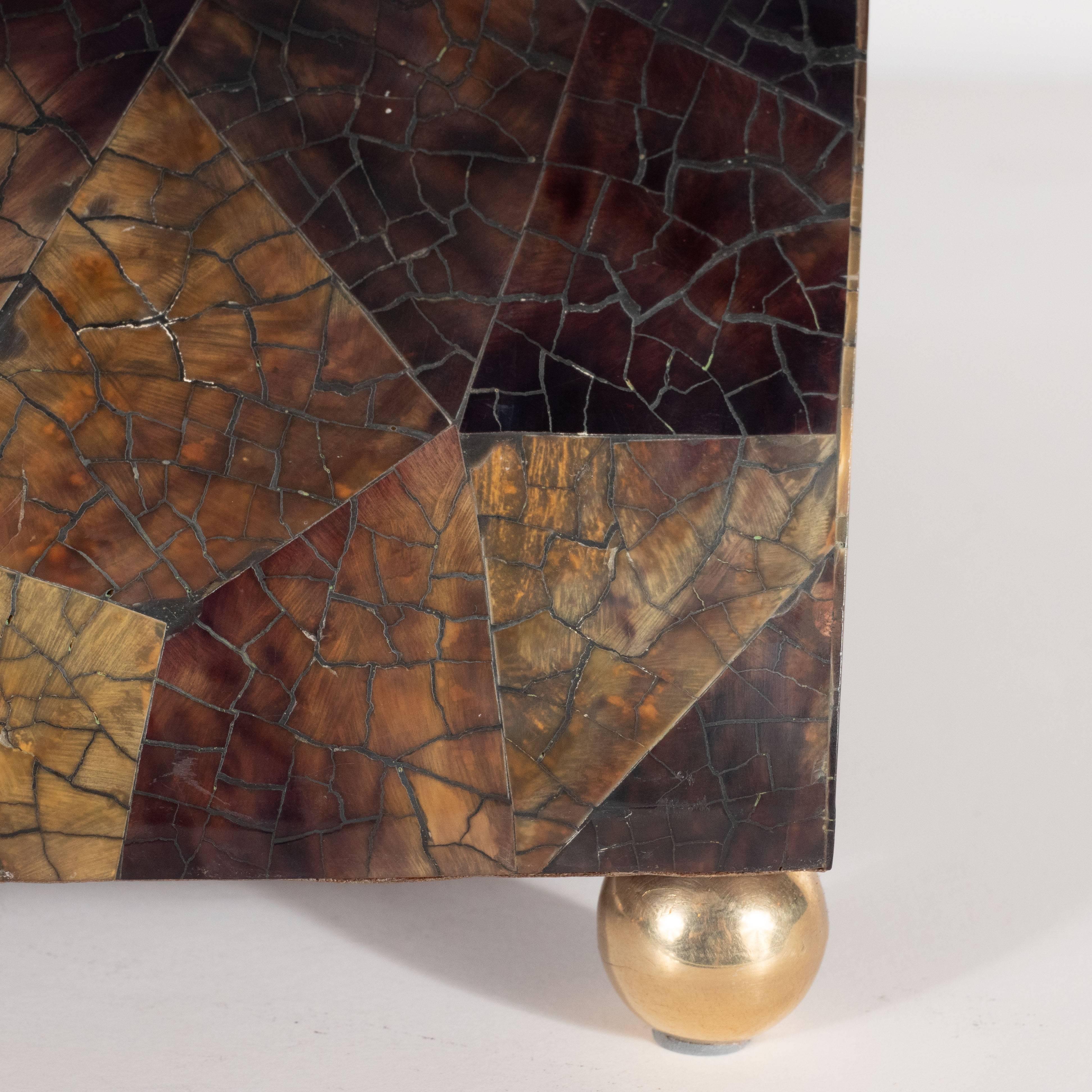 Mid-Century Modern Handmade Brass and Tessellated Shell Box with Walnut Interior In Excellent Condition In New York, NY
