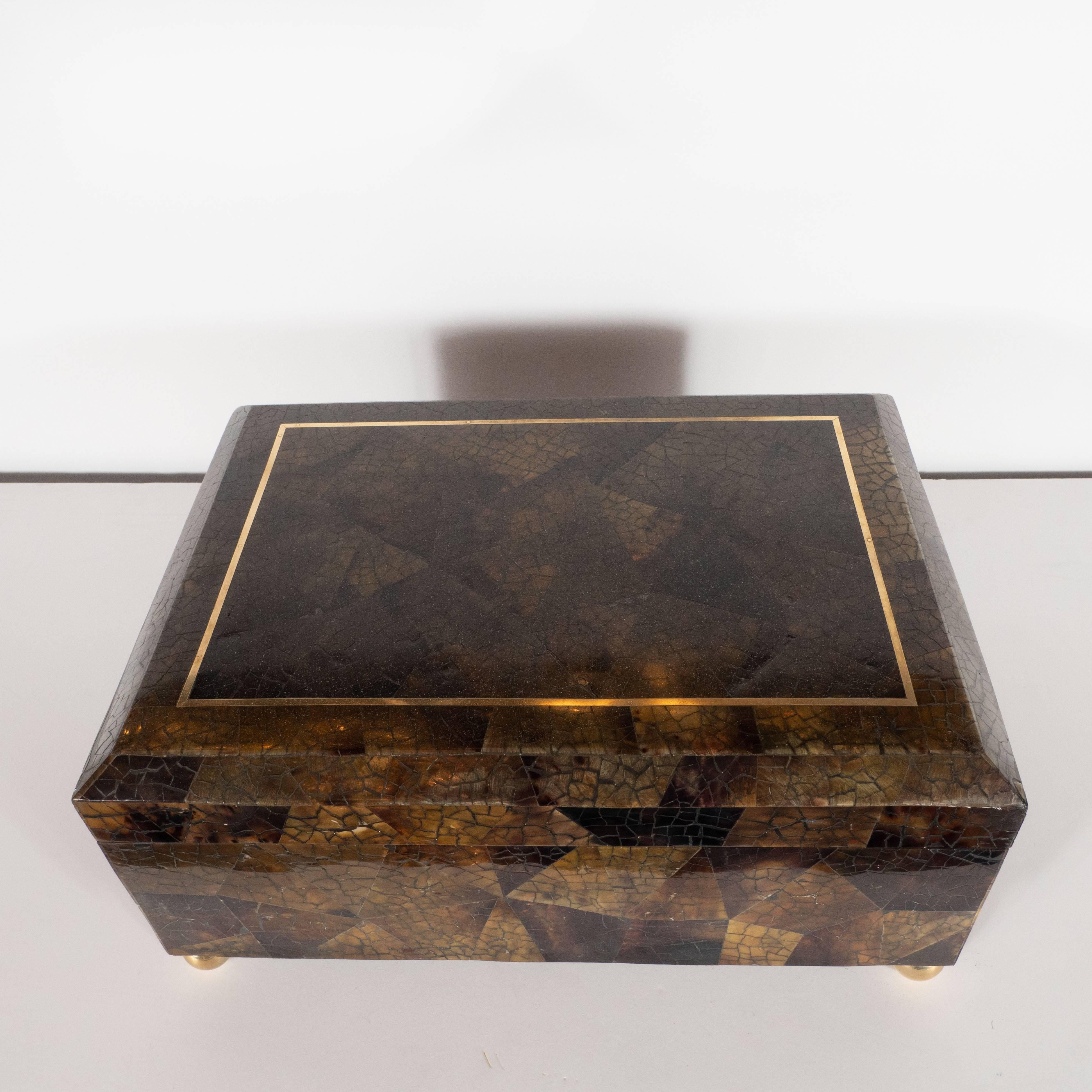 Late 20th Century Mid-Century Modern Handmade Brass and Tessellated Shell Box with Walnut Interior