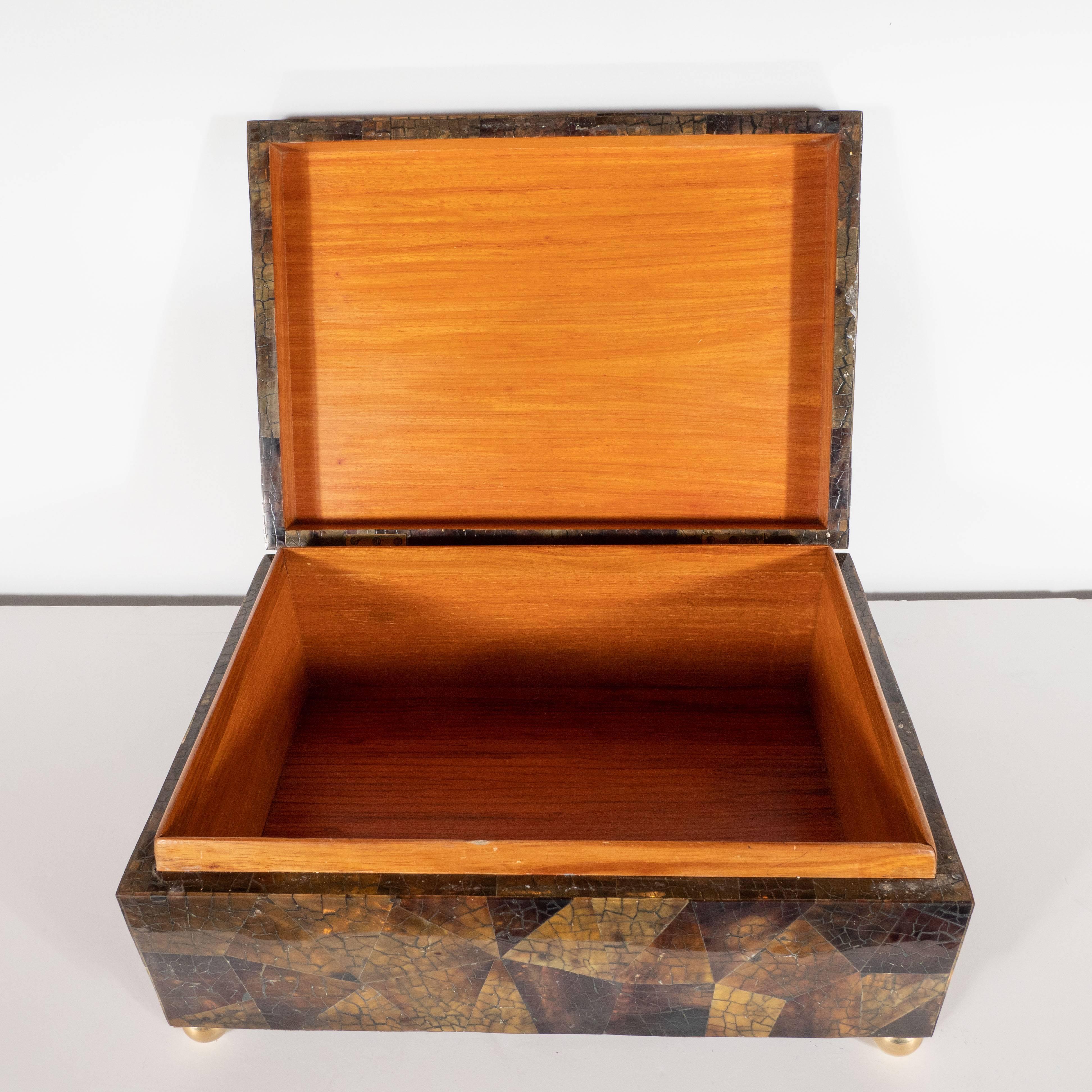 Mid-Century Modern Handmade Brass and Tessellated Shell Box with Walnut Interior 2