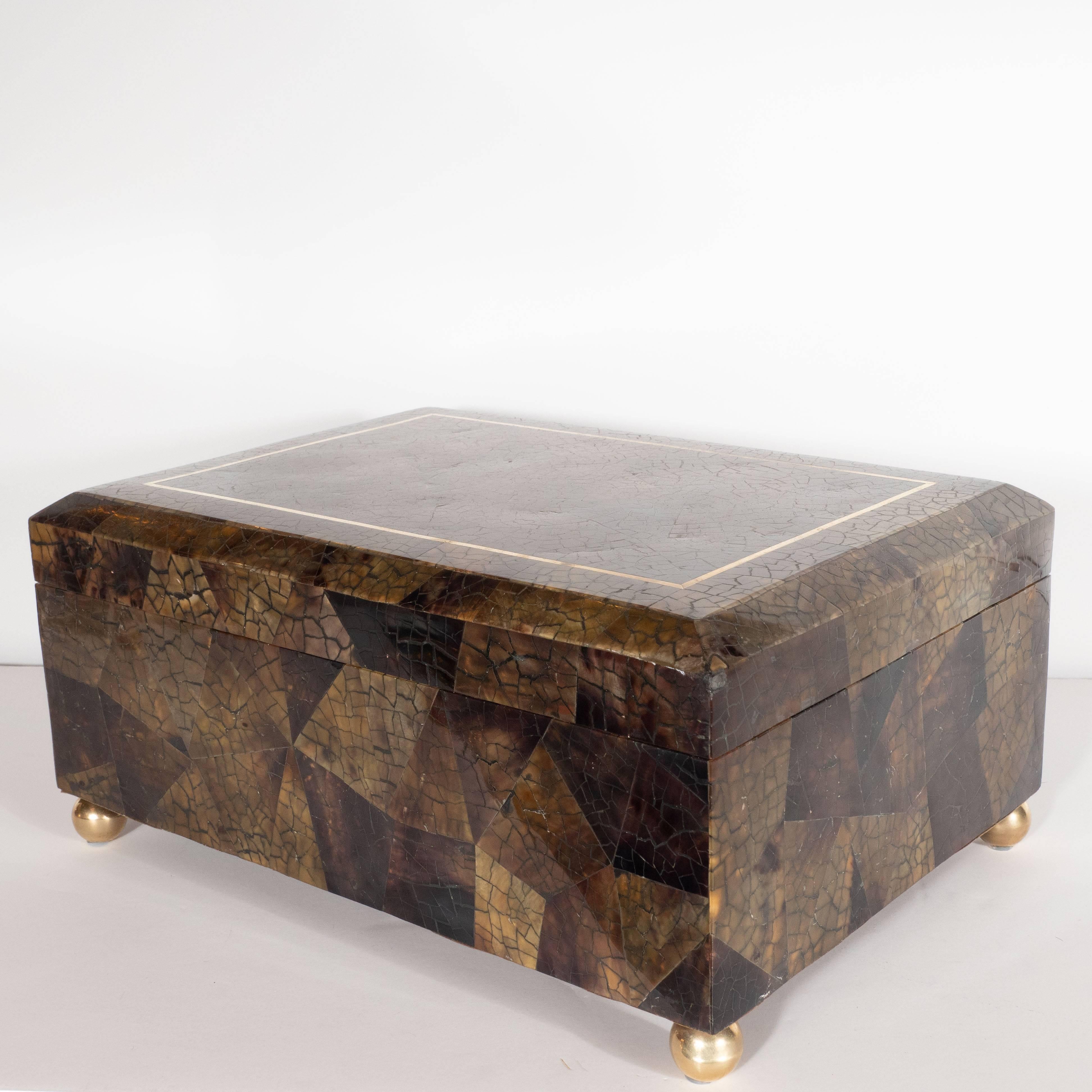 Mid-Century Modern Handmade Brass and Tessellated Shell Box with Walnut Interior 3