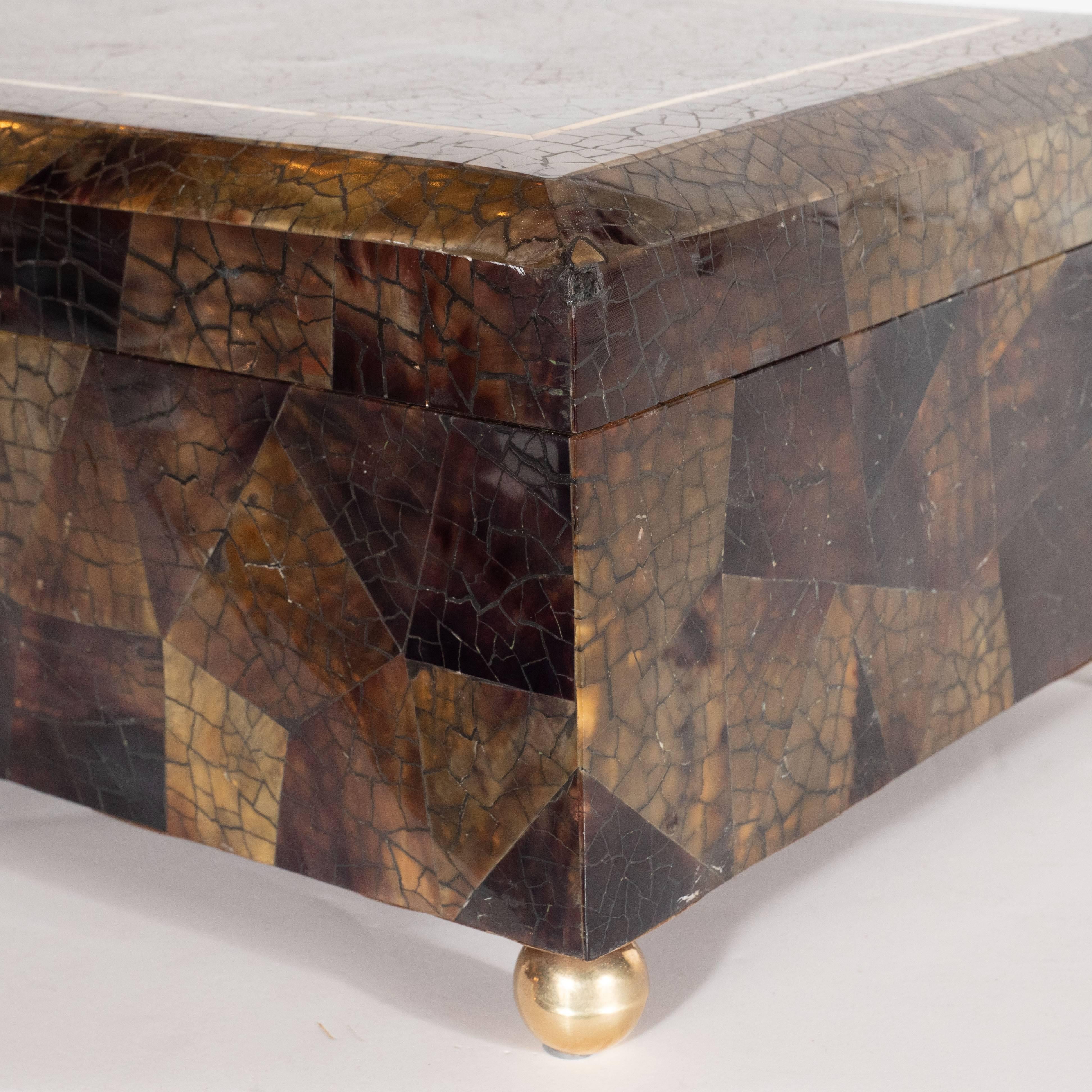Mid-Century Modern Handmade Brass and Tessellated Shell Box with Walnut Interior 4