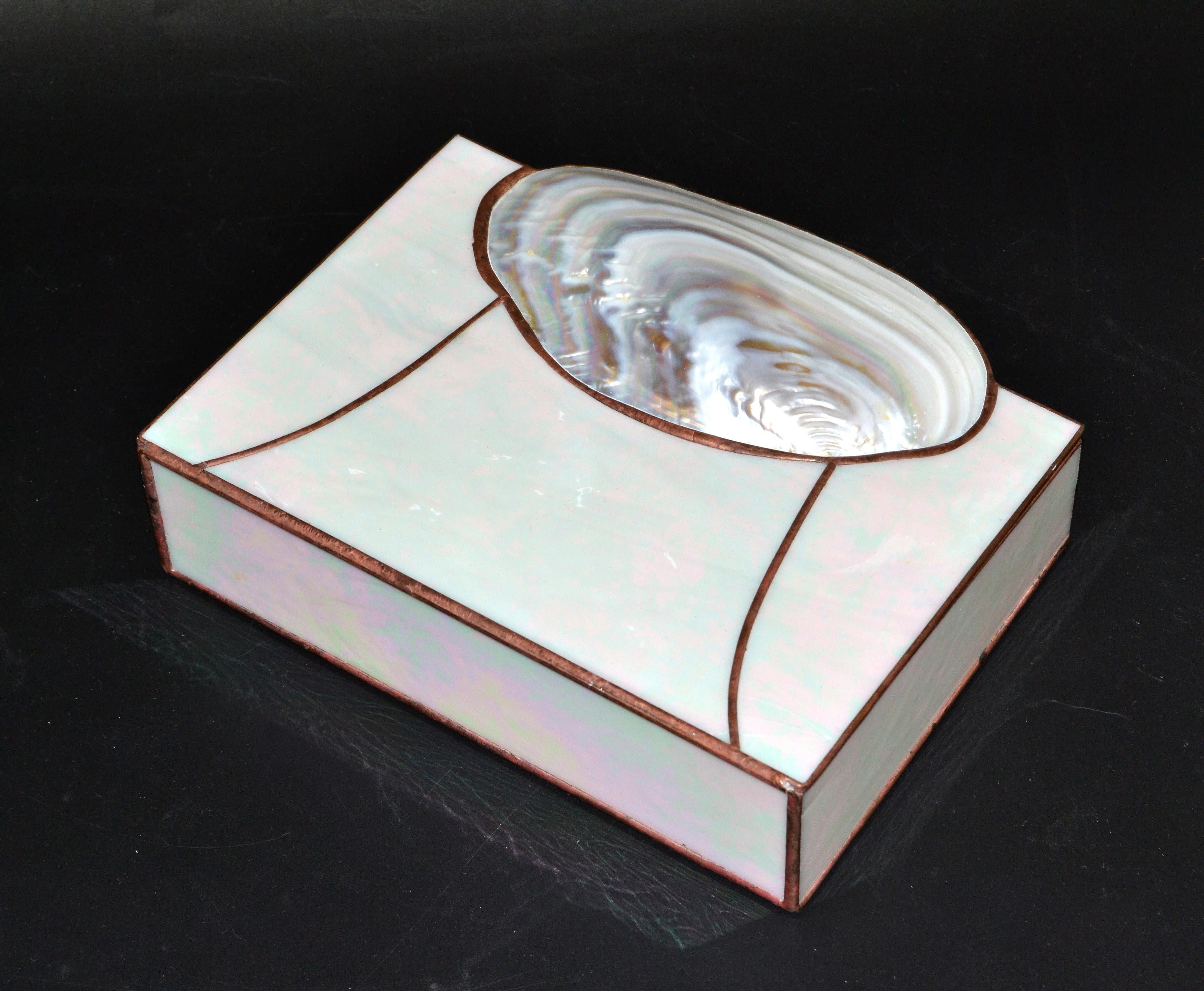Tiffany Style handcrafted Mid-Century Modern nautical décor mother of pearl shell box or keepsake. 
The big Seashell is the handle to open it.
Beautiful box for Your favorite Jewelry.
 
  