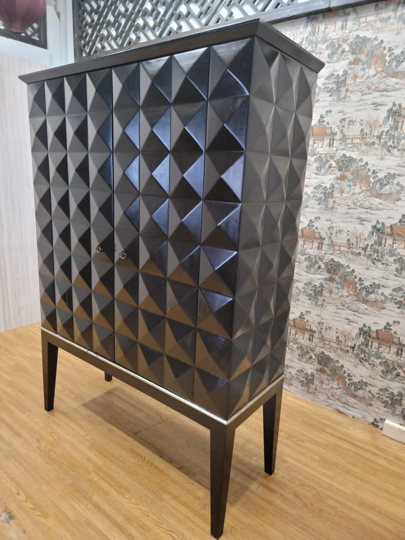 Hand-Crafted Mid-Century Modern Handmade Walnut Cabinet With Geo Diamond Texture For Sale