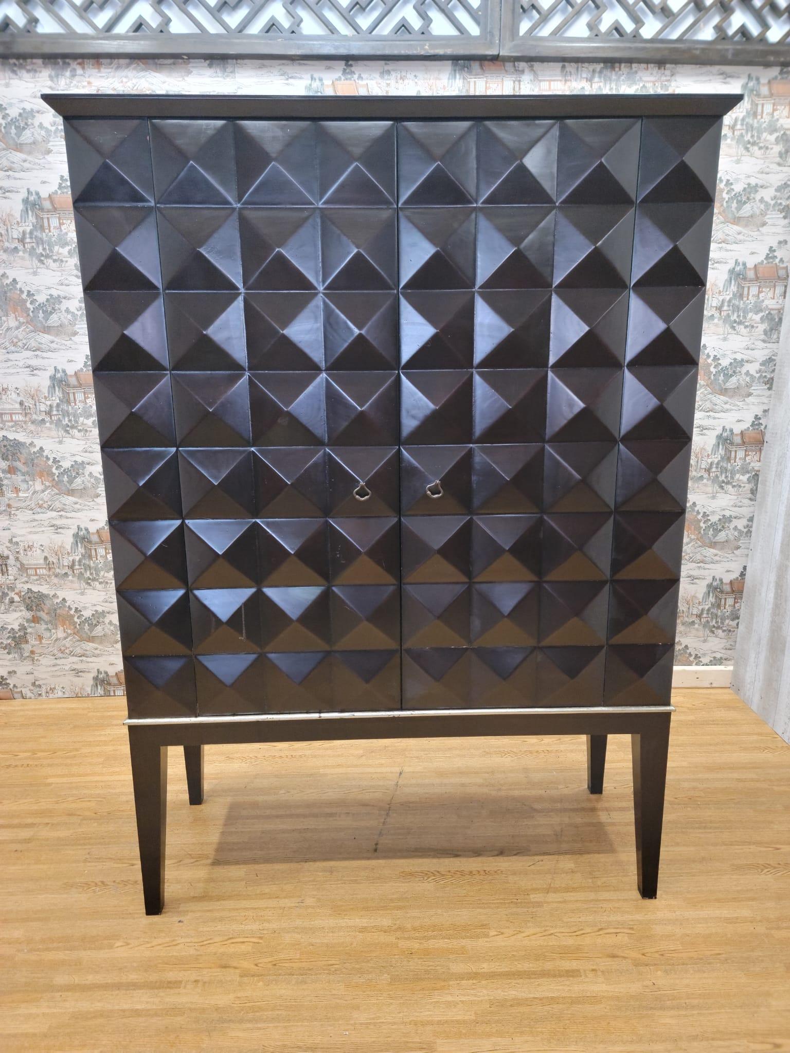 Lacquer Mid-Century Modern Handmade Walnut Cabinet With Geo Diamond Texture For Sale