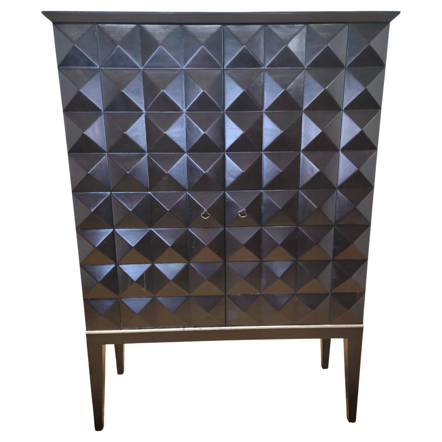 Mid-Century Modern Handmade Walnut Cabinet With Geo Diamond Texture For Sale