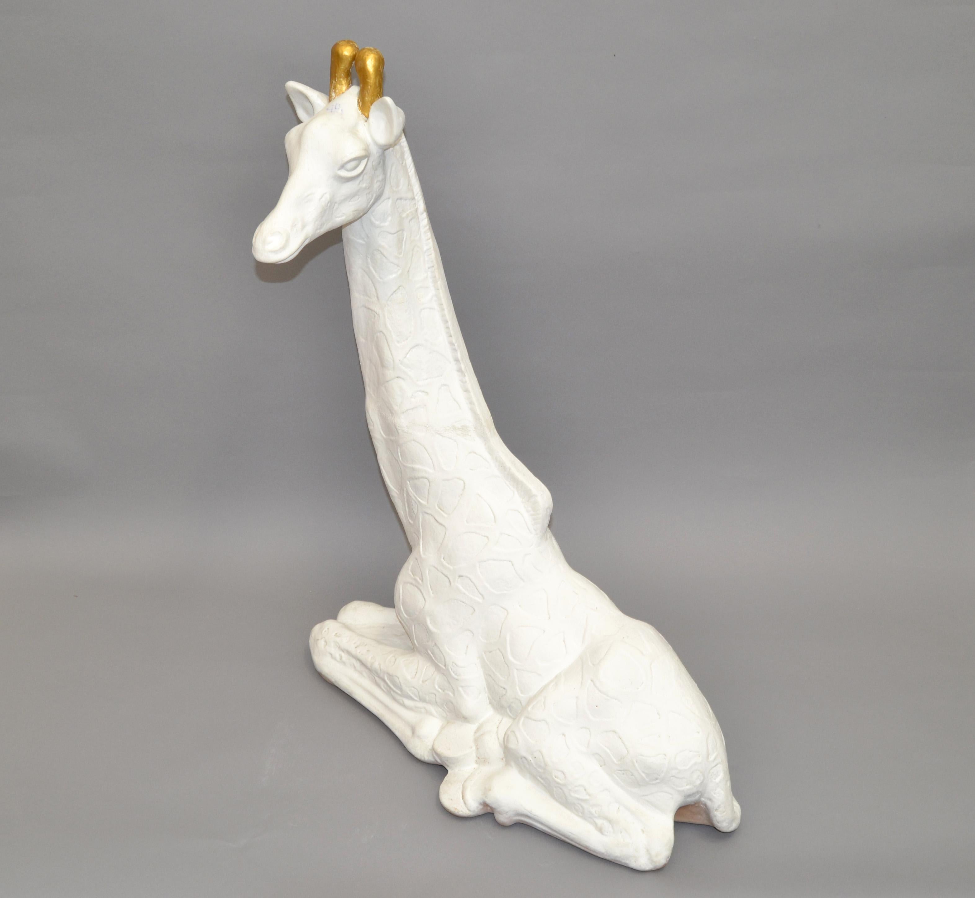 American Mid-Century Modern Handmade White & Gold Finish Plaster Giraffe Animal Sculpture For Sale