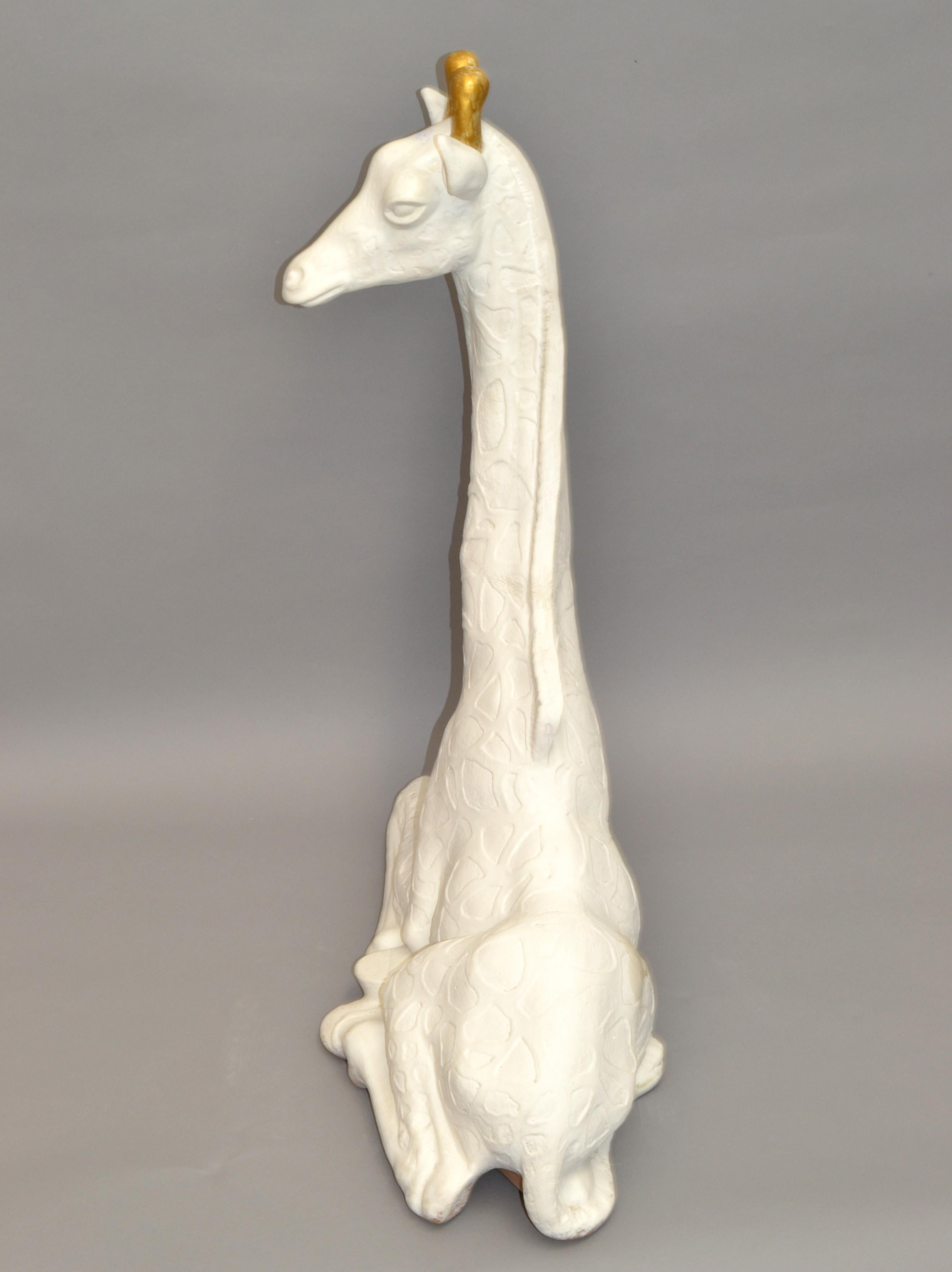 Gesso Mid-Century Modern Handmade White & Gold Finish Plaster Giraffe Animal Sculpture For Sale