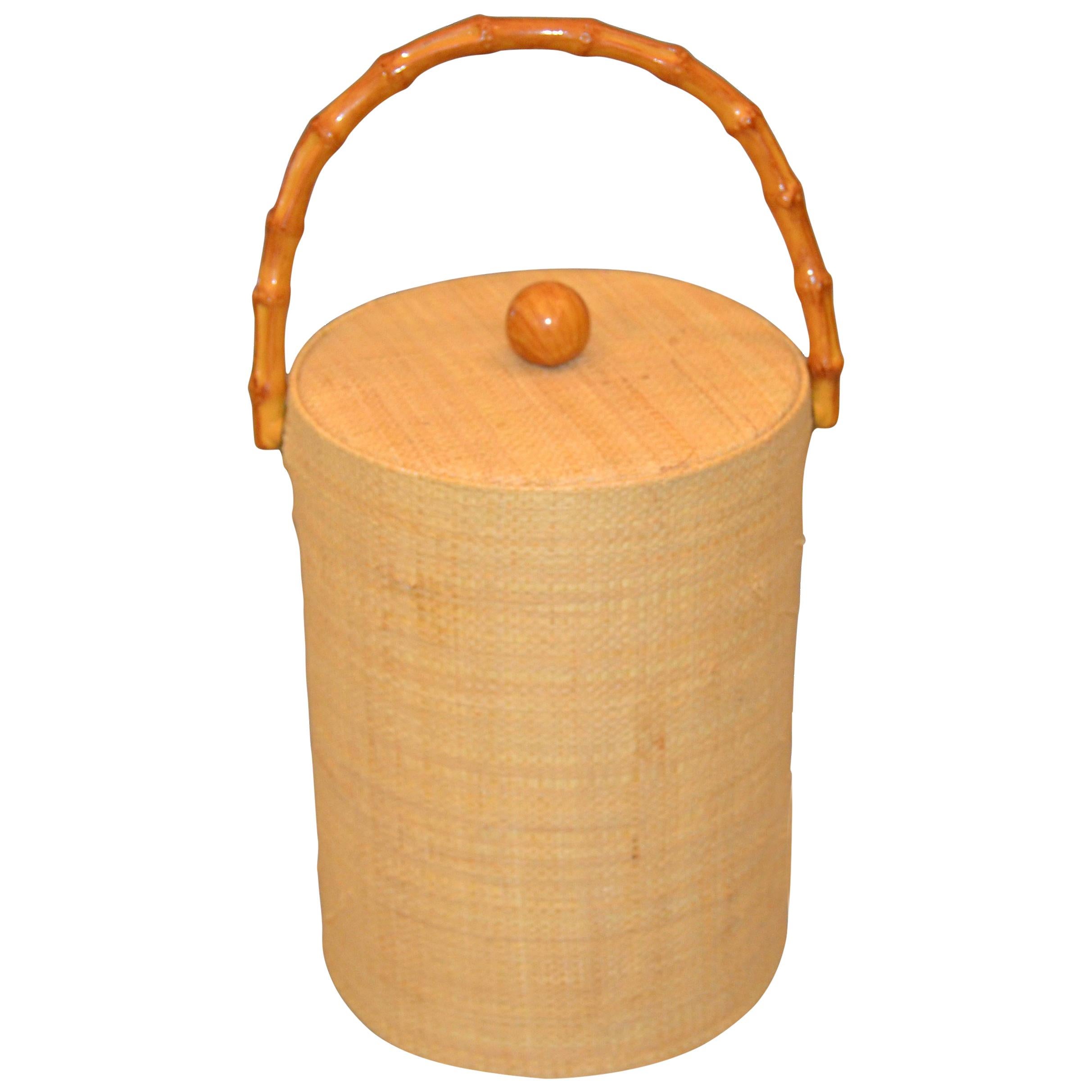 Mid-Century Modern Handwoven Cane & Bamboo Insulated Ice Bucket with Lid