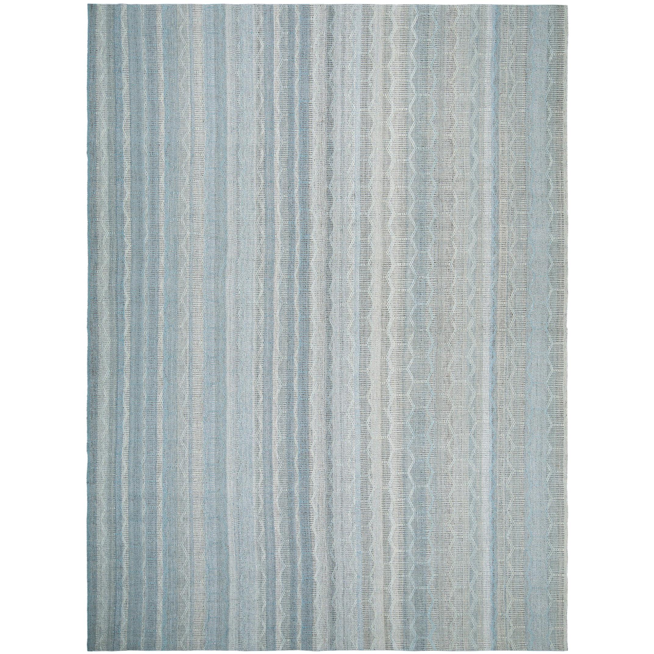 Mid-Century Modern Handwoven Flat-Weave Honeycomb Pattern Rug in Grey and Blue