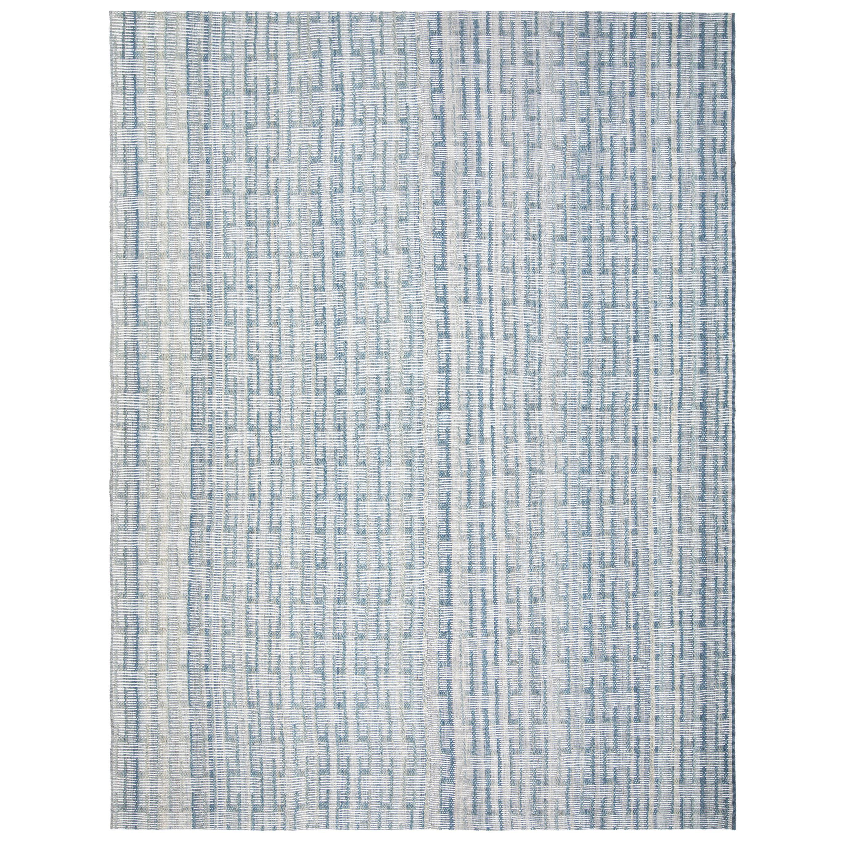 Mid-Century Modern Handwoven Flat-Weave Rug in Shades of Blue