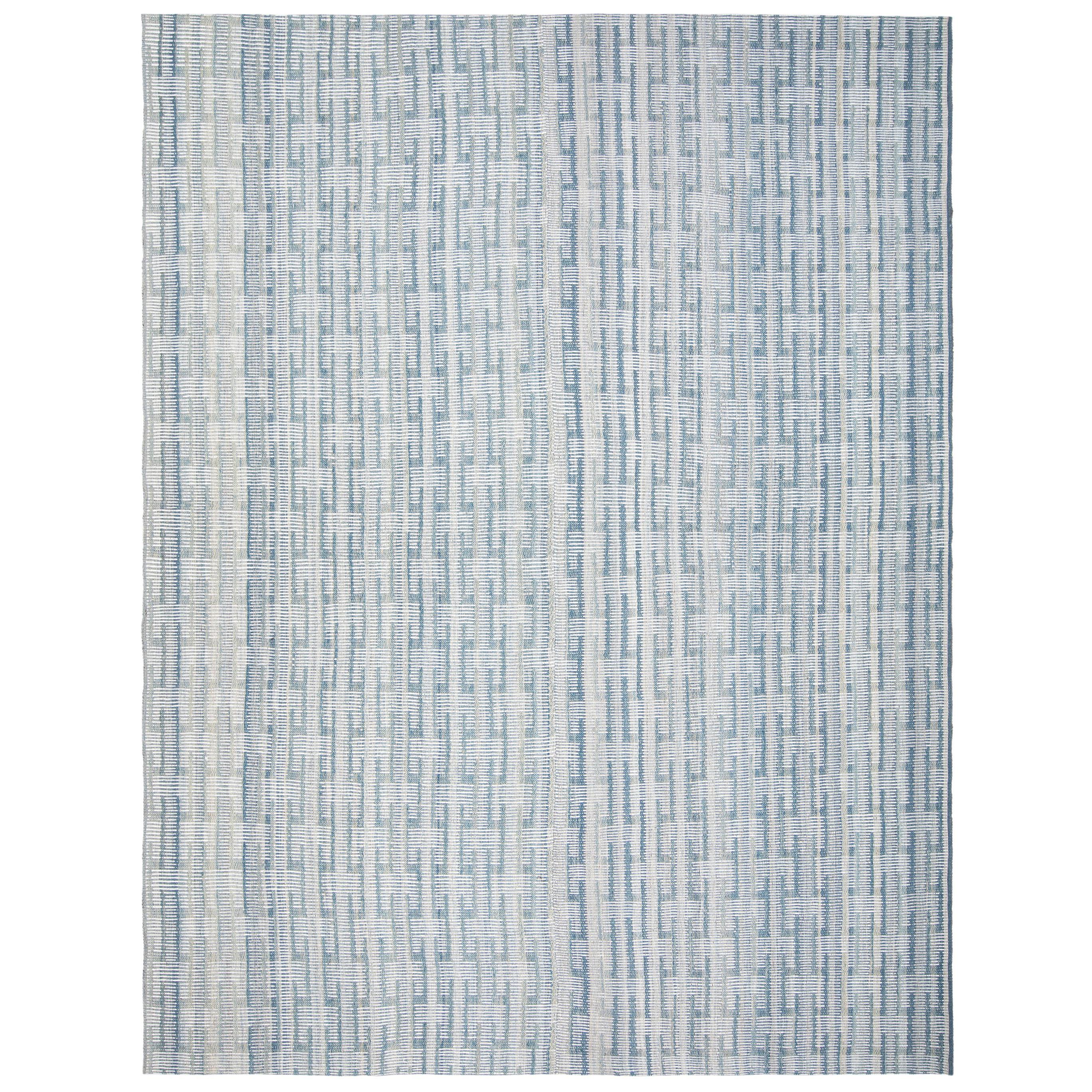 Handgewebter Flachgewebe-Teppich in Blau, Mid-Century Modern
