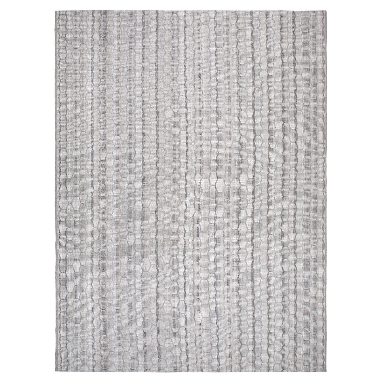 Mid-Century Modern Handwoven Flatweave Honeycomb Grey Rug