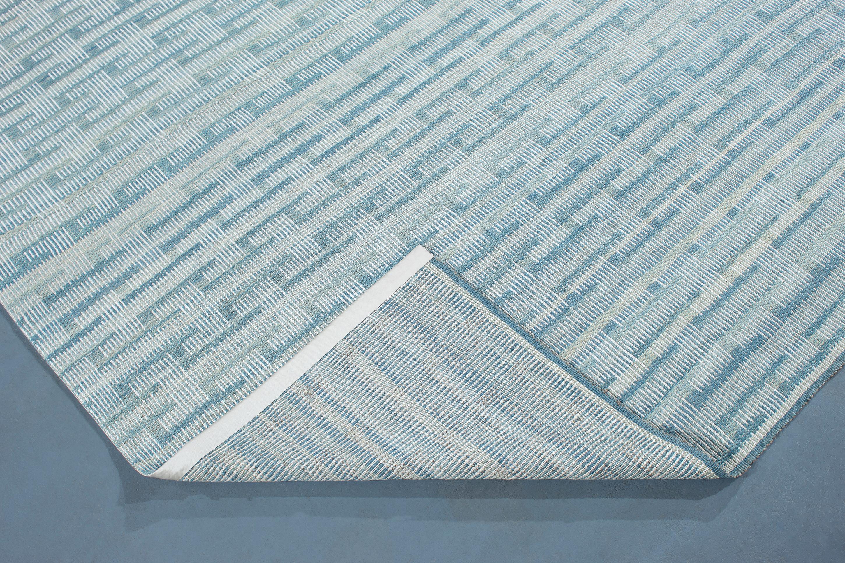 Handgewebter Flachgewebe-Teppich in Blau, Mid-Century Modern (Wolle) im Angebot