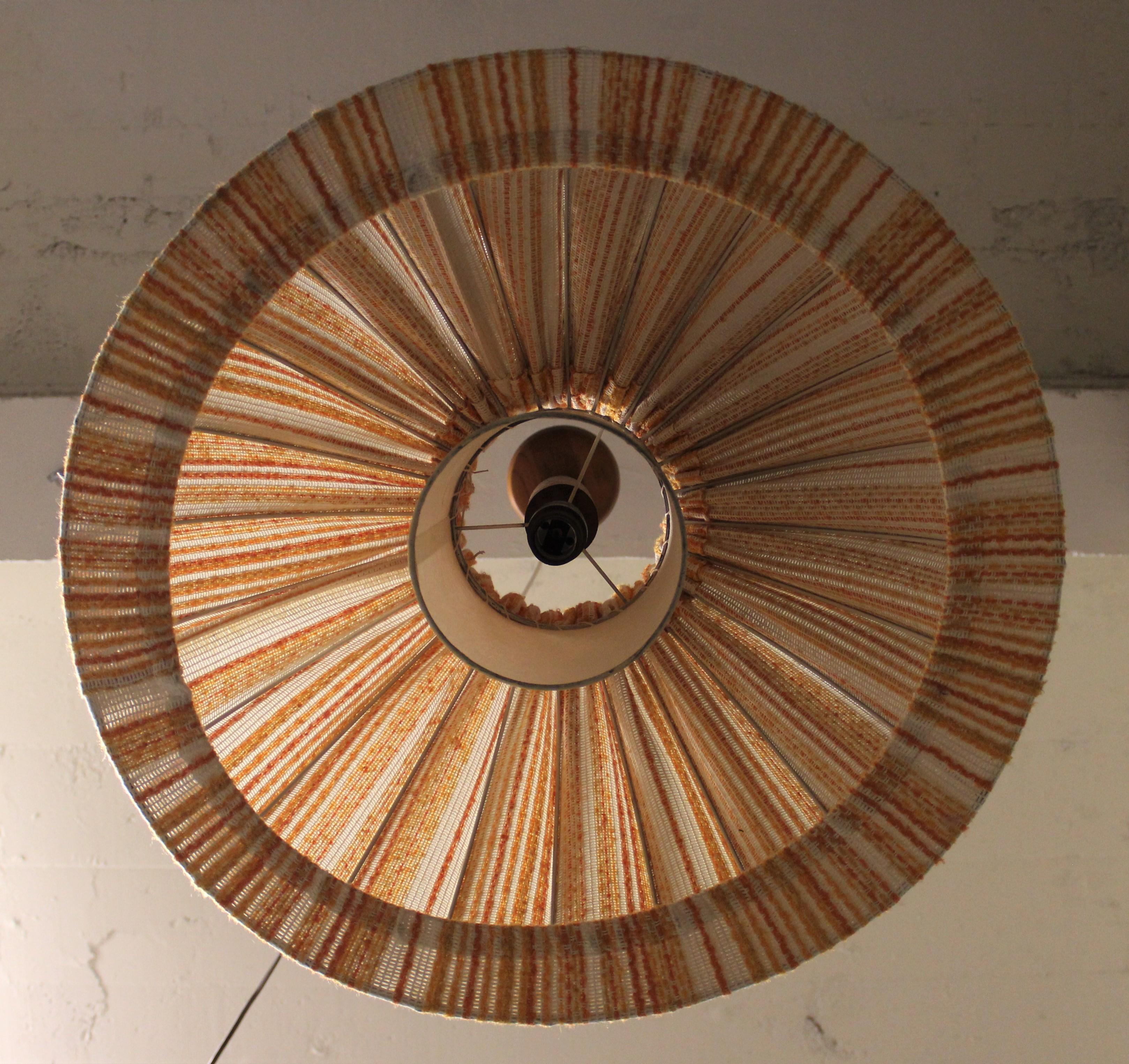 Unknown Mid-Century Modern Hanging Teak Ceiling Light with Large Fabric Shade