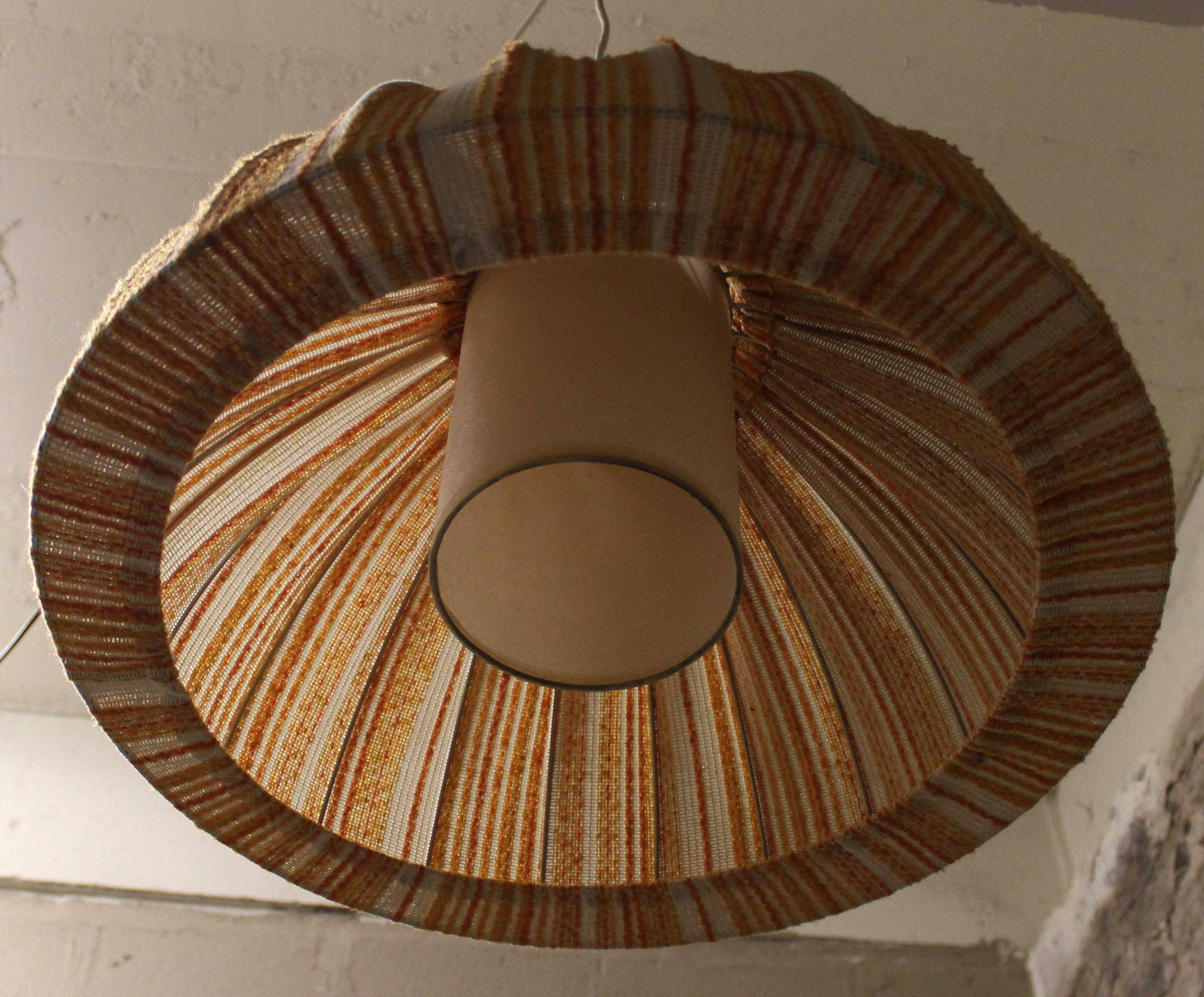 Mid-Century Modern Hanging Teak Ceiling Light with Large Fabric Shade In Good Condition In Hamilton, Ontario