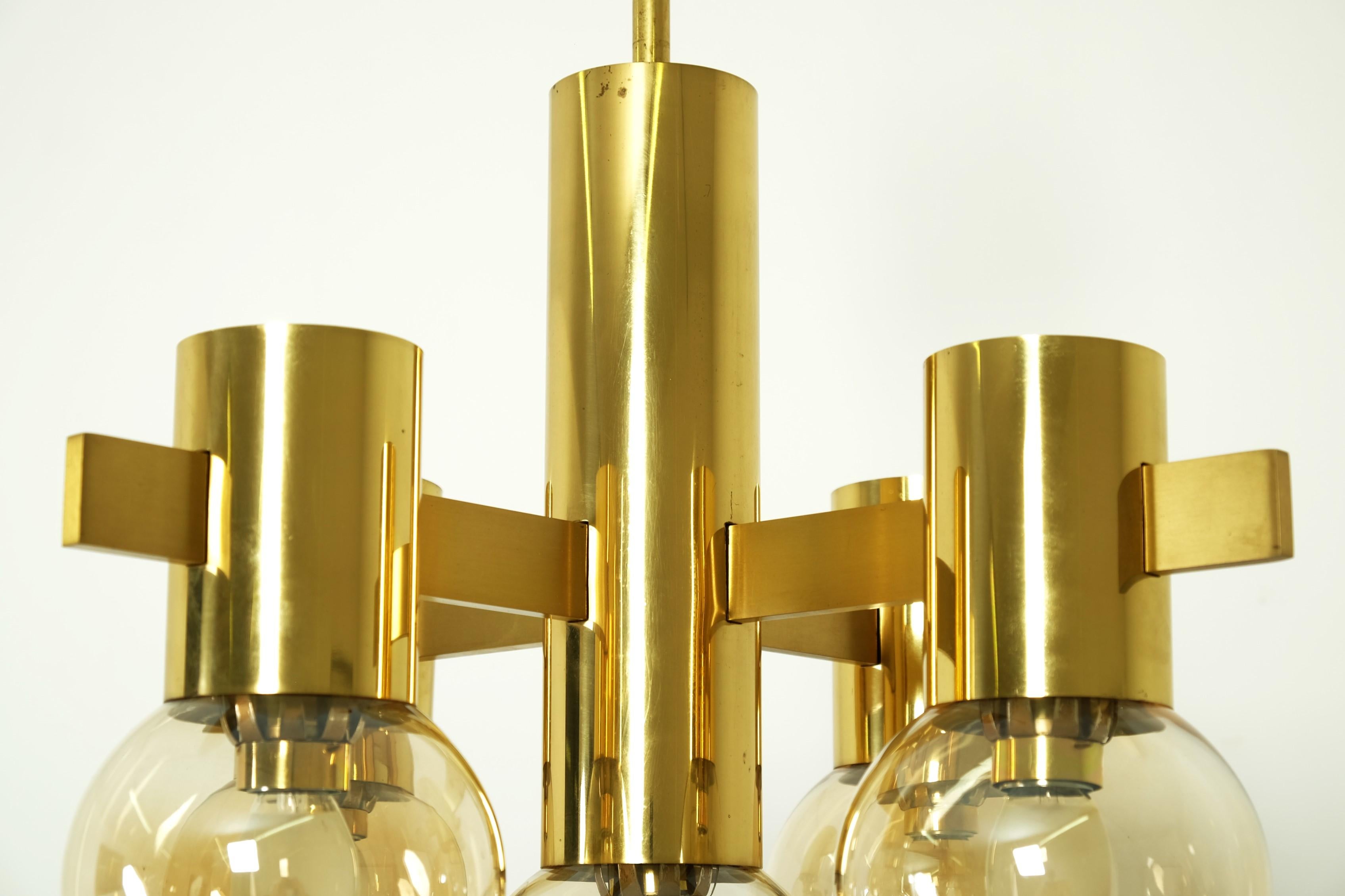 Mid Century Hans Agne Jakobsson Chandelier Ceiling Lamp Brass with 5 Glass Balls For Sale 4