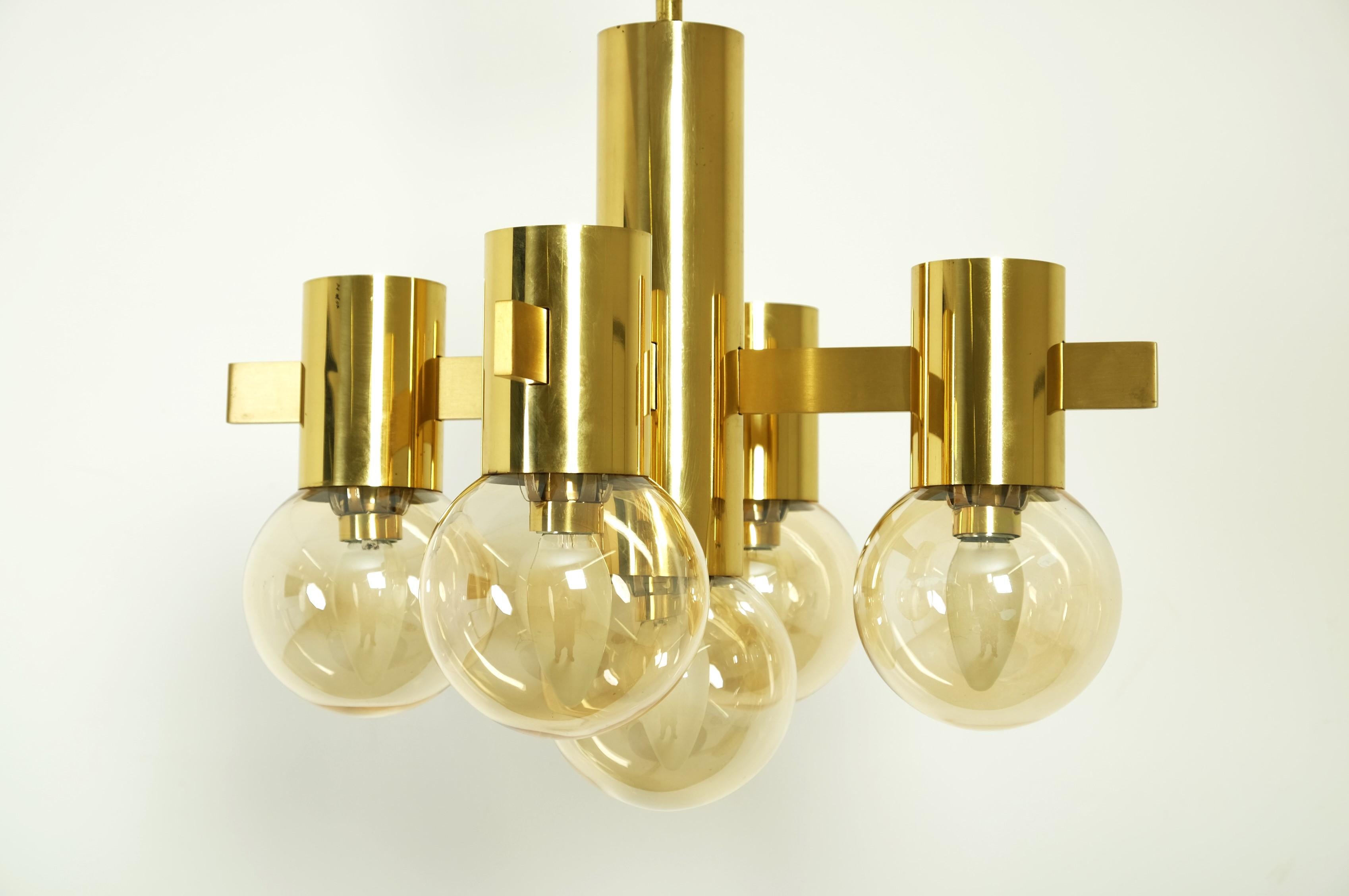 Mid Century Hans Agne Jakobsson Chandelier Ceiling Lamp Brass with 5 Glass Balls For Sale 7