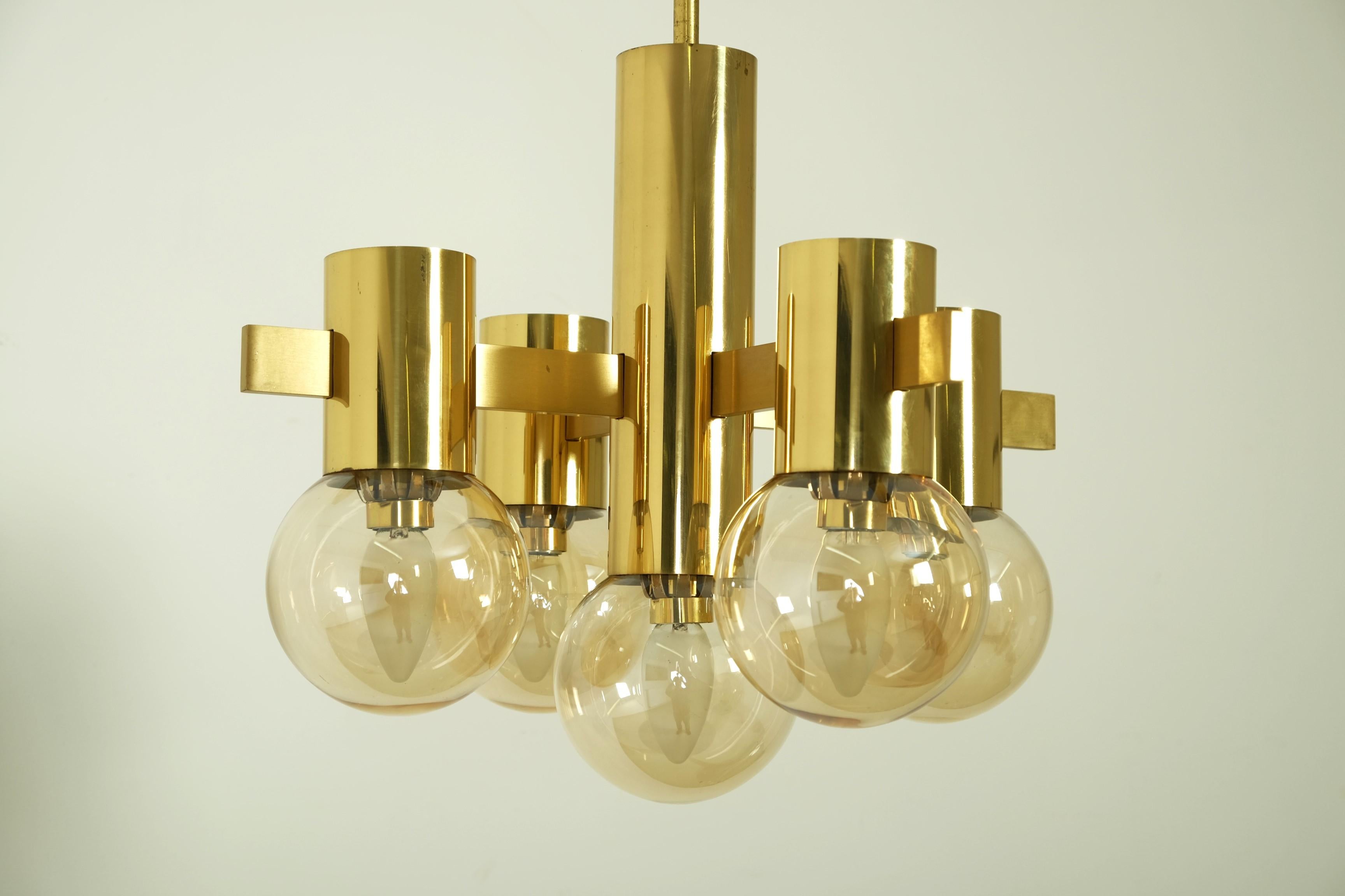 Mid Century Hans Agne Jakobsson Chandelier Ceiling Lamp Brass with 5 Glass Balls For Sale 9