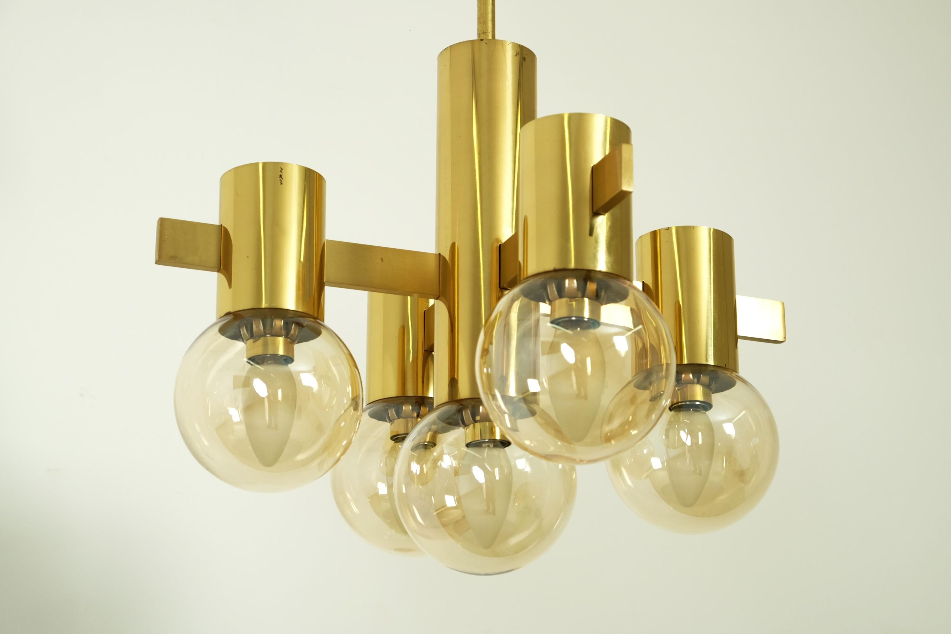 Mid Century Hans Agne Jakobsson Chandelier Ceiling Lamp Brass with 5 Glass Balls For Sale 10