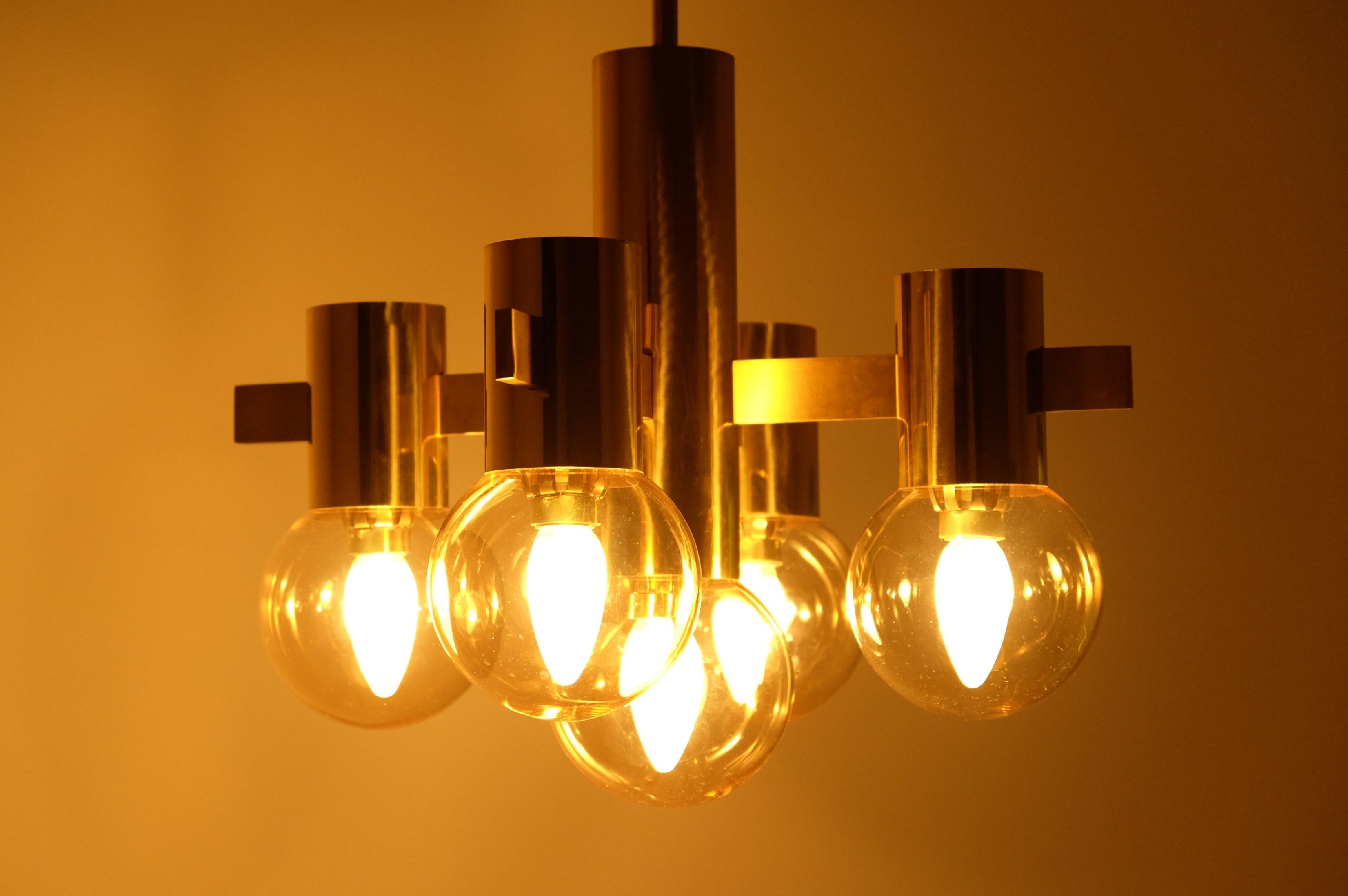 Mid Century Hans Agne Jakobsson Chandelier Ceiling Lamp Brass with 5 Glass Balls For Sale 13