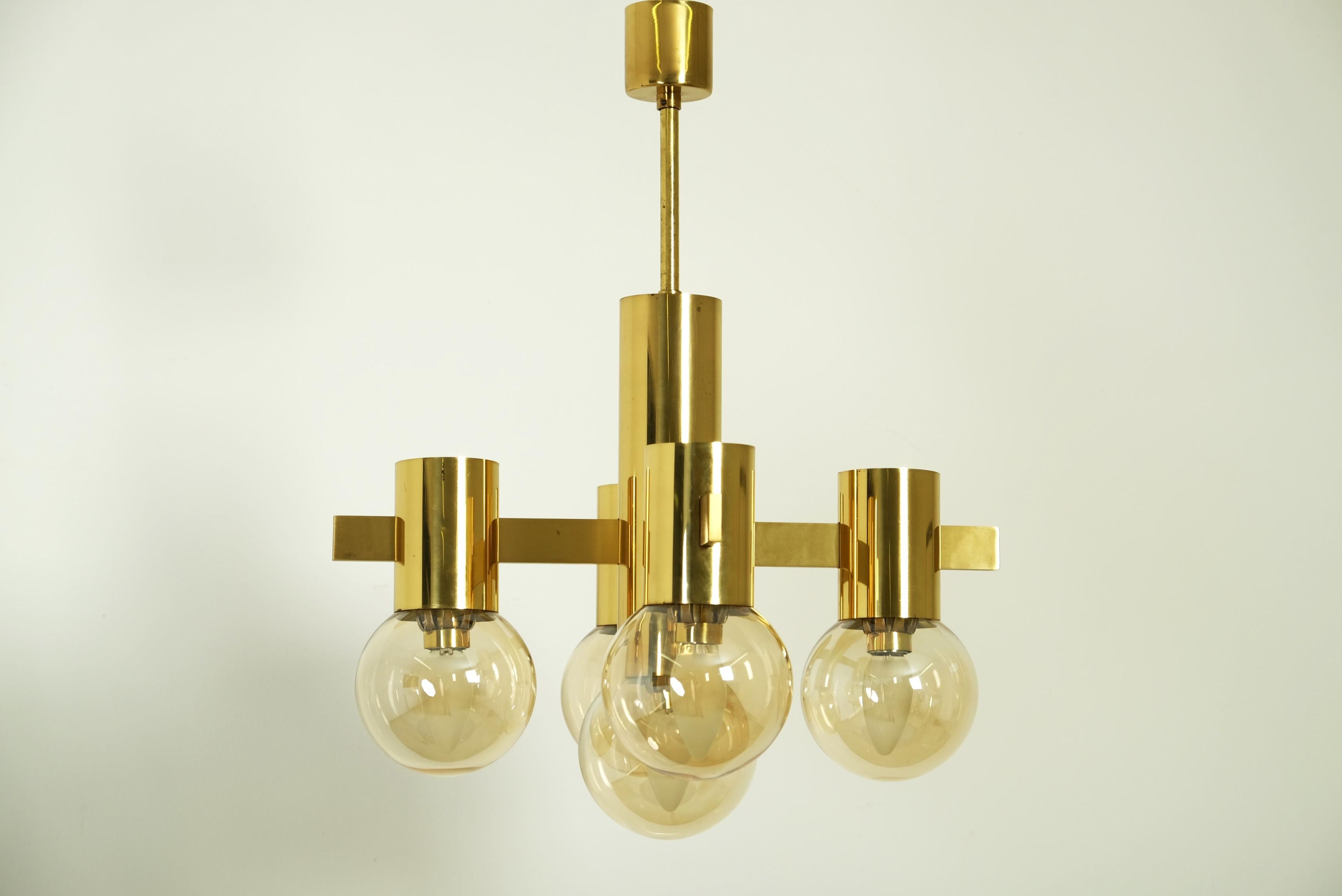 Swedish Mid Century Hans Agne Jakobsson Chandelier Ceiling Lamp Brass with 5 Glass Balls For Sale