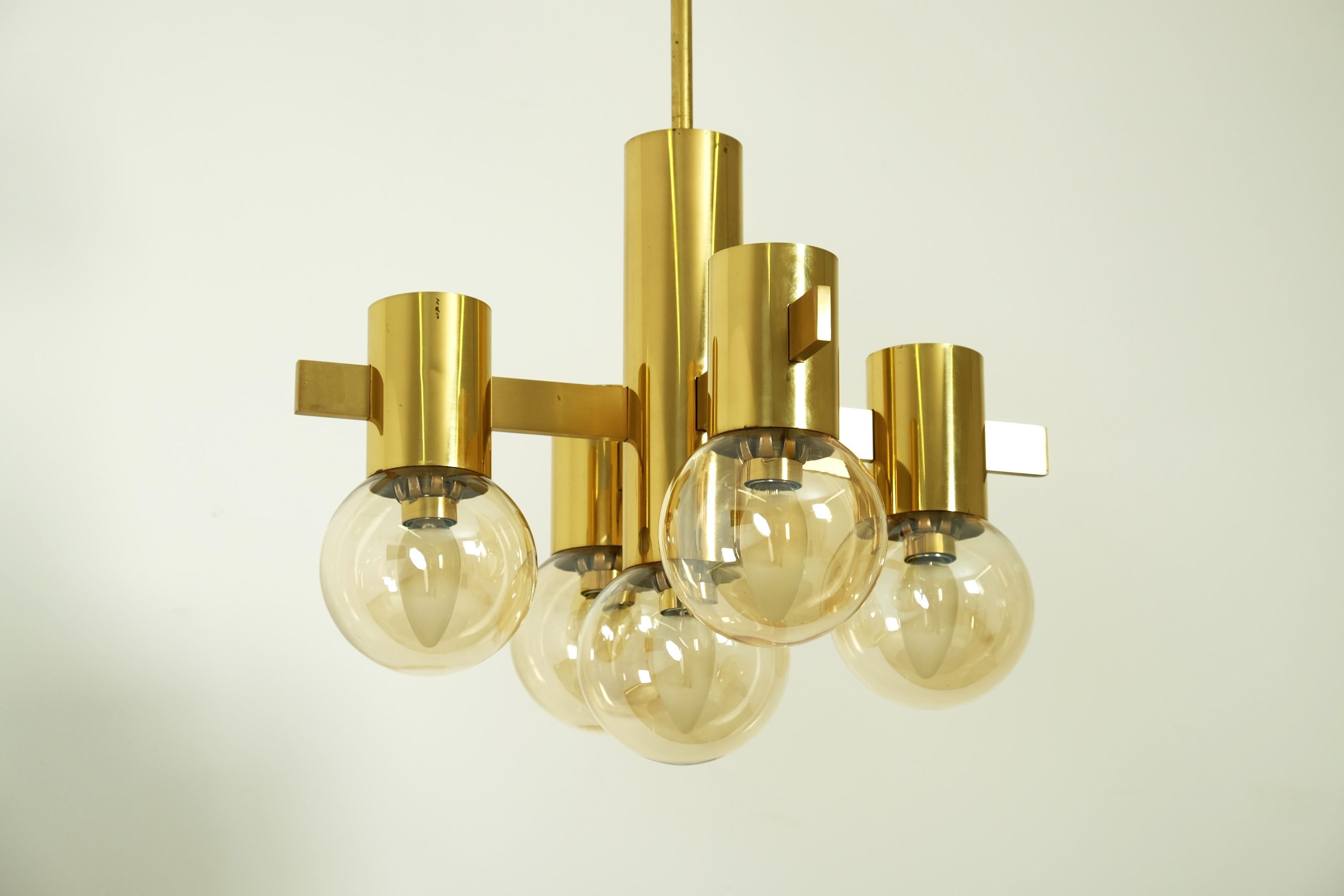 Mid-20th Century Mid Century Hans Agne Jakobsson Chandelier Ceiling Lamp Brass with 5 Glass Balls For Sale