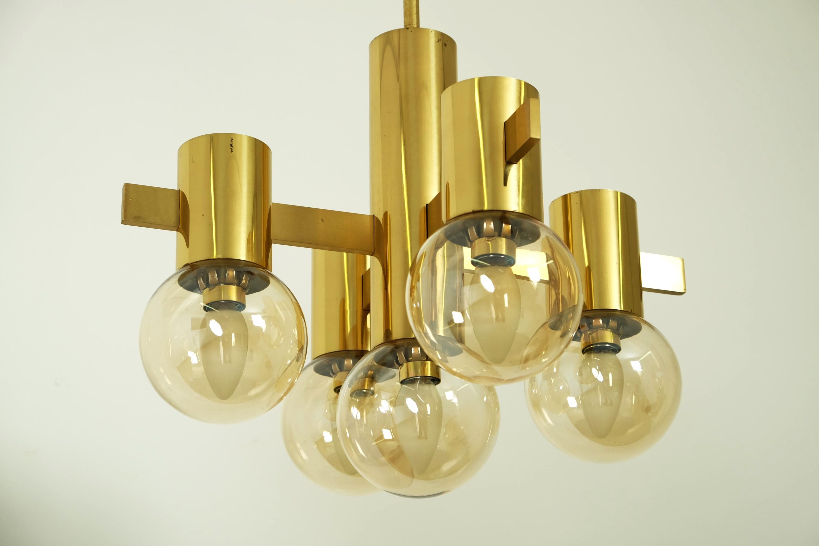 Mid Century Hans Agne Jakobsson Chandelier Ceiling Lamp Brass with 5 Glass Balls For Sale 1