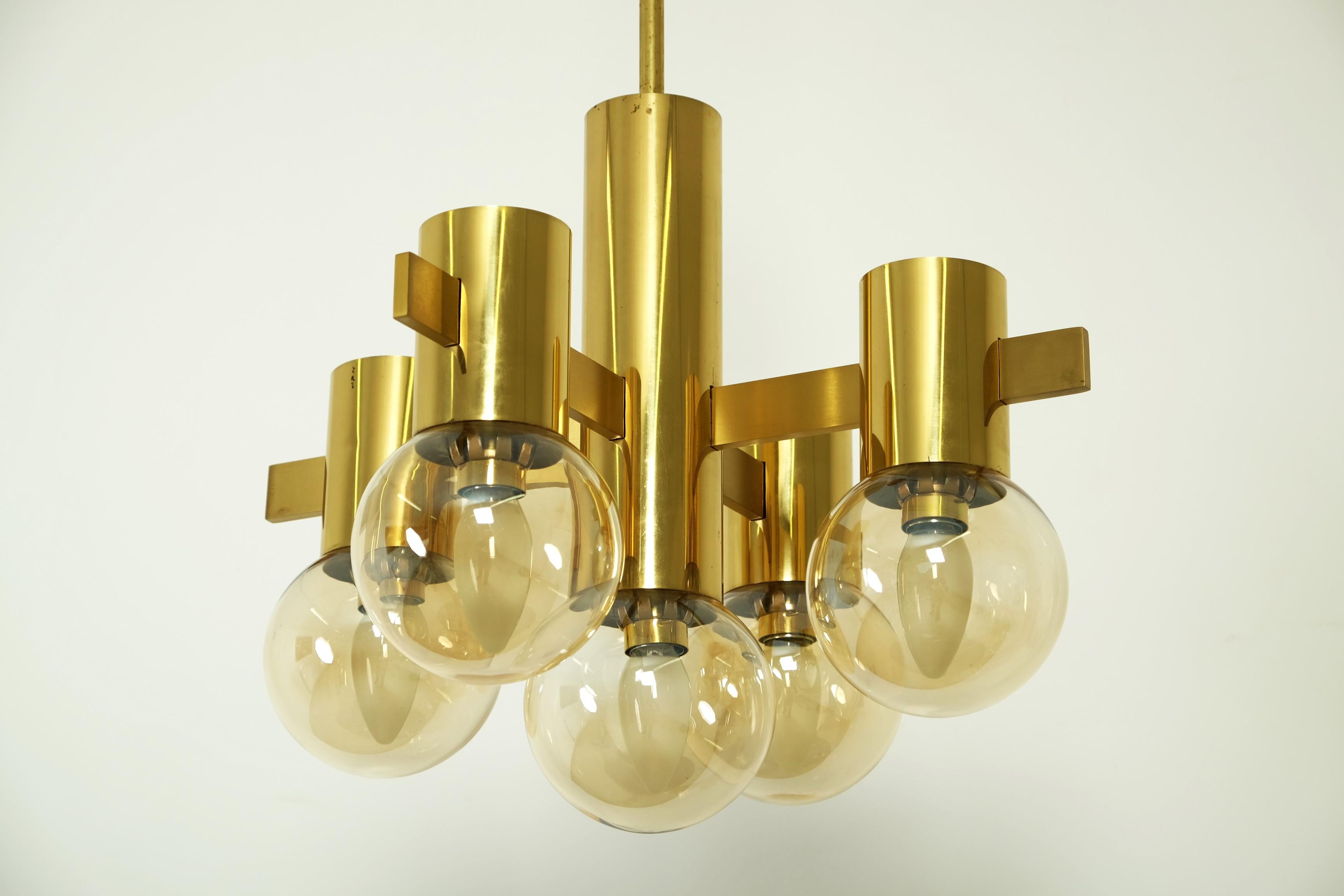 Mid Century Hans Agne Jakobsson Chandelier Ceiling Lamp Brass with 5 Glass Balls For Sale 3